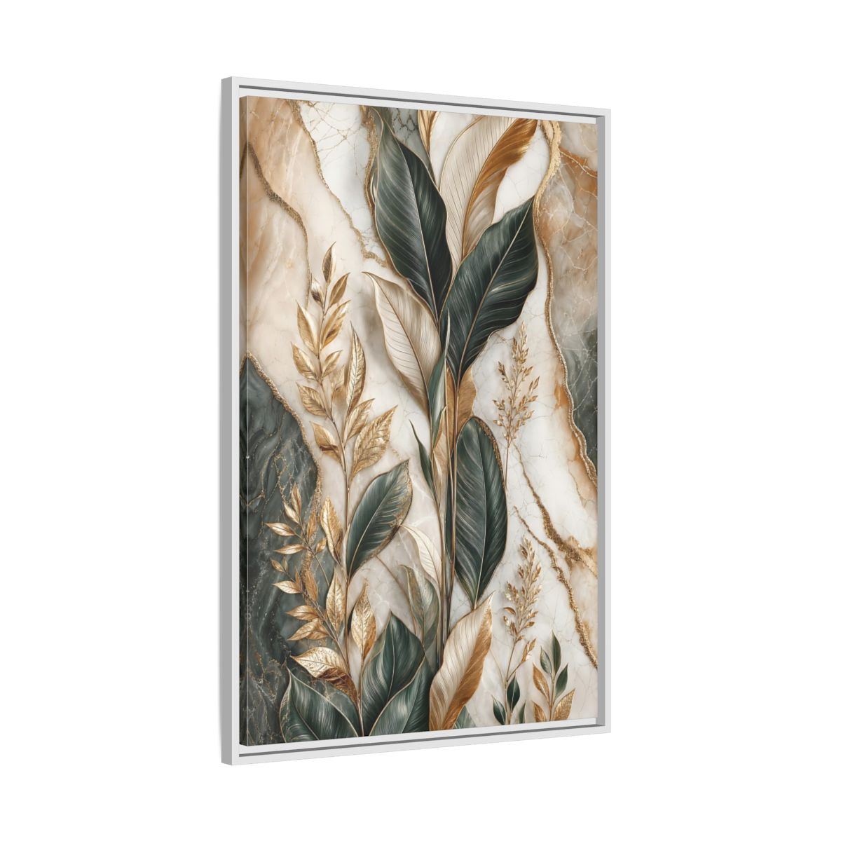 Side Mockup 9. Nature Tropical Foliage Green Gold Marble shown as stretched canvas wall art