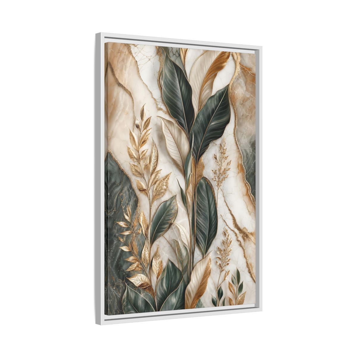 Side Mockup 10. Nature Tropical Foliage Green Gold Marble shown as stretched canvas wall art
