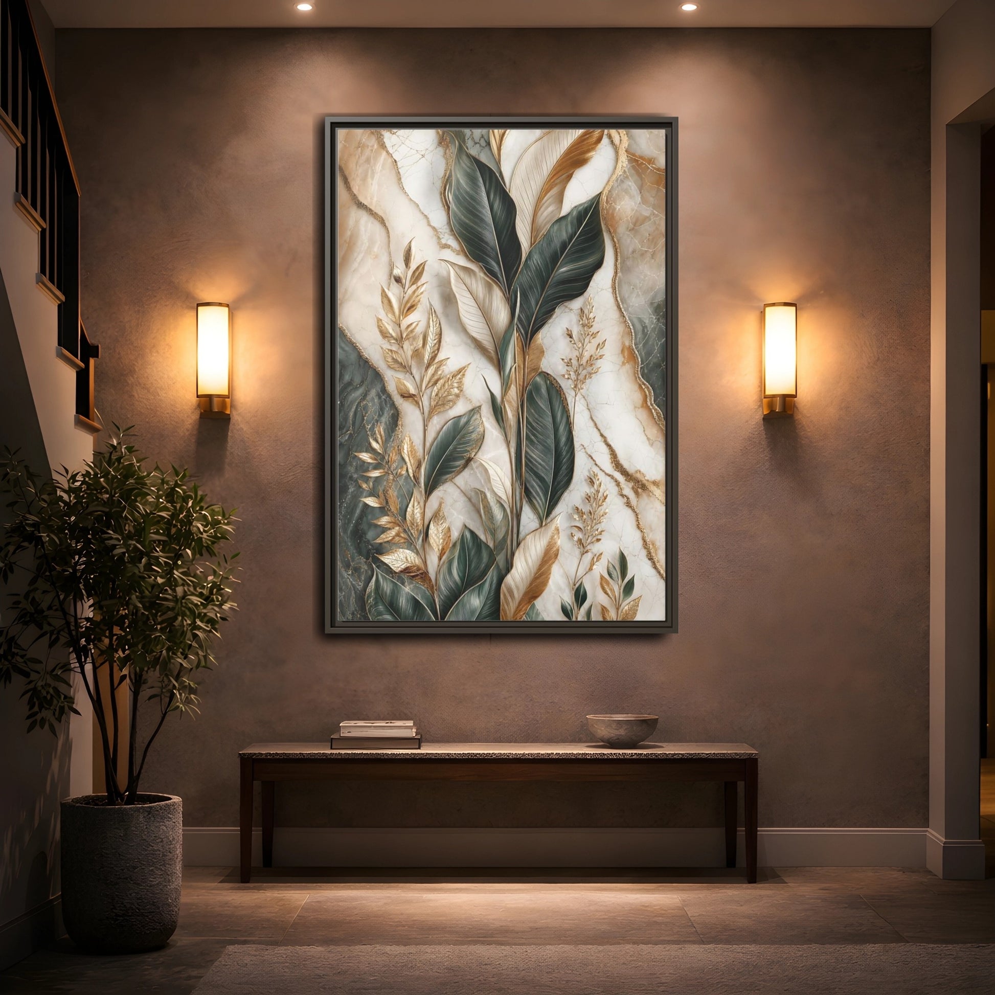 Mockup 2. Nature Tropical Foliage Green Gold Marble shown as stretched canvas wall art