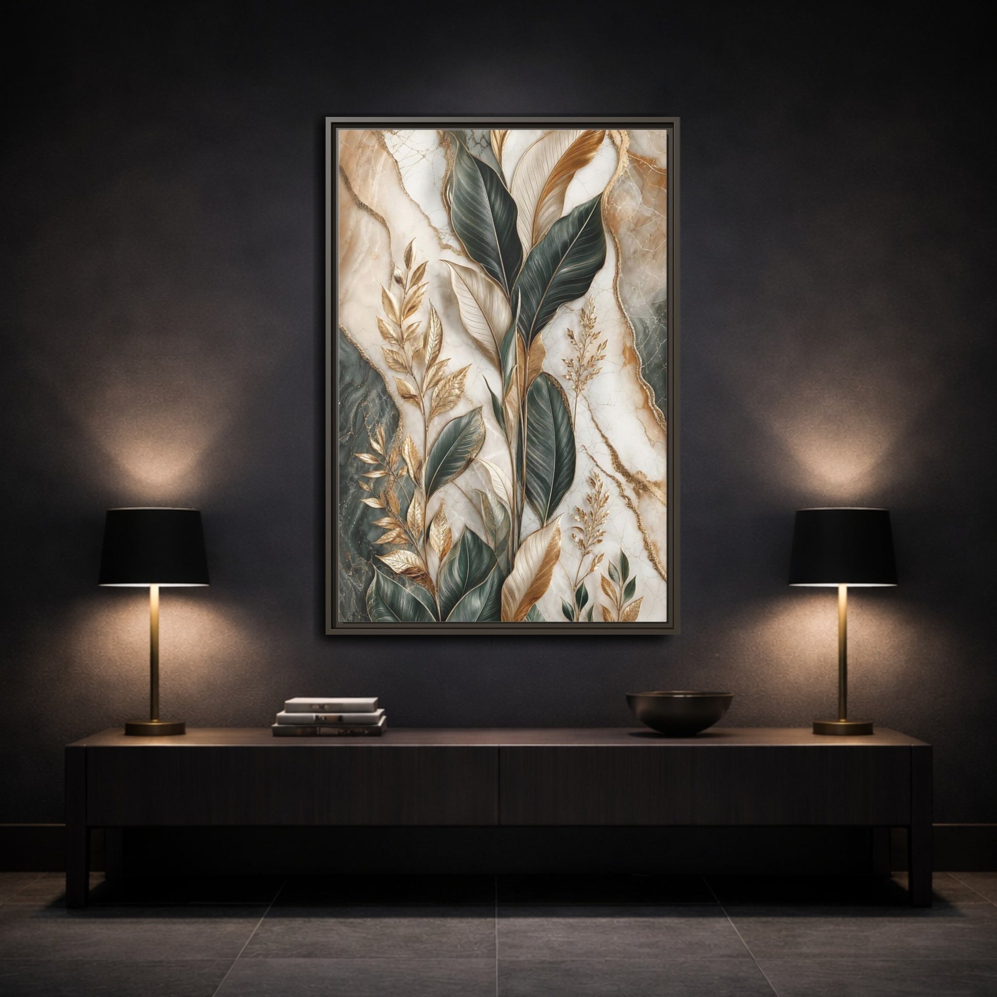 Mockup 3. Nature Tropical Foliage Green Gold Marble shown as stretched canvas wall art