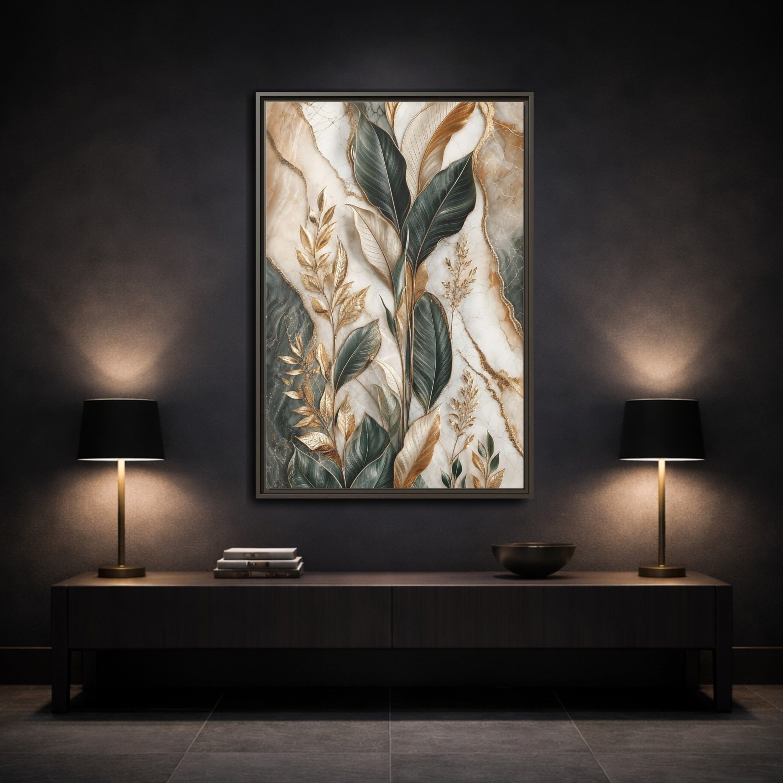 Mockup 3. Nature Tropical Foliage Green Gold Marble shown as stretched canvas wall art