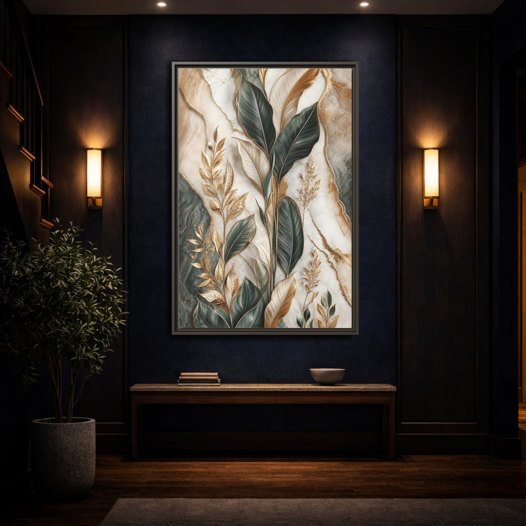 Mockup 4. Nature Tropical Foliage Green Gold Marble shown as stretched canvas wall art