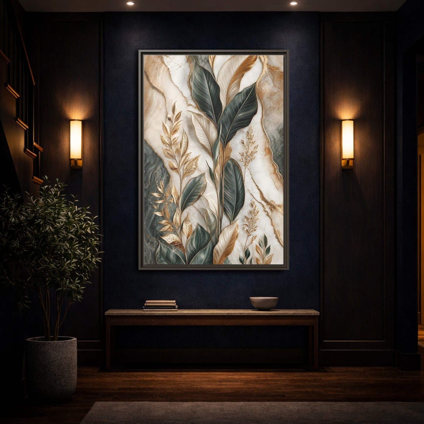 Mockup 4. Nature Tropical Foliage Green Gold Marble shown as stretched canvas wall art