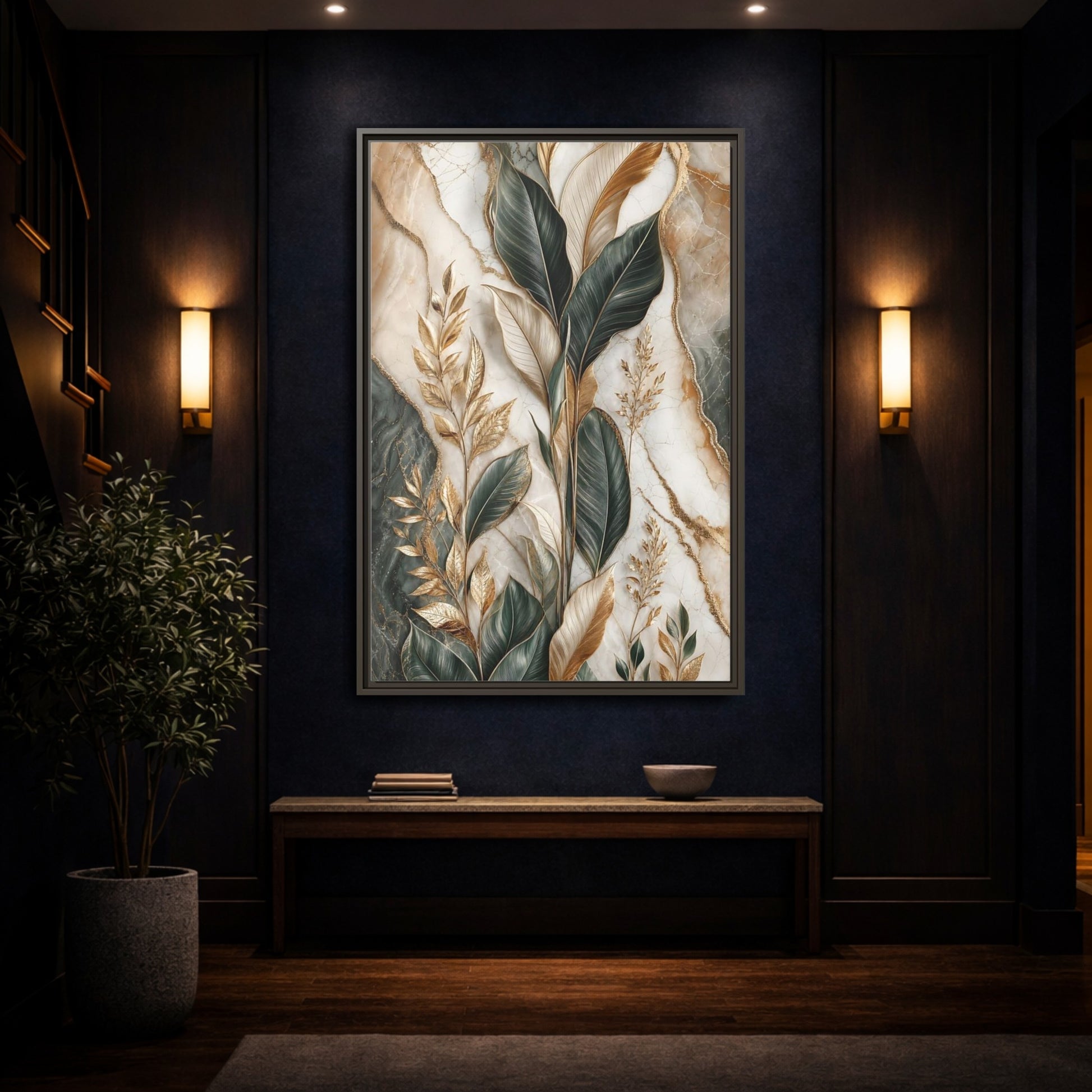 Mockup 4. Nature Tropical Foliage Green Gold Marble shown as stretched canvas wall art