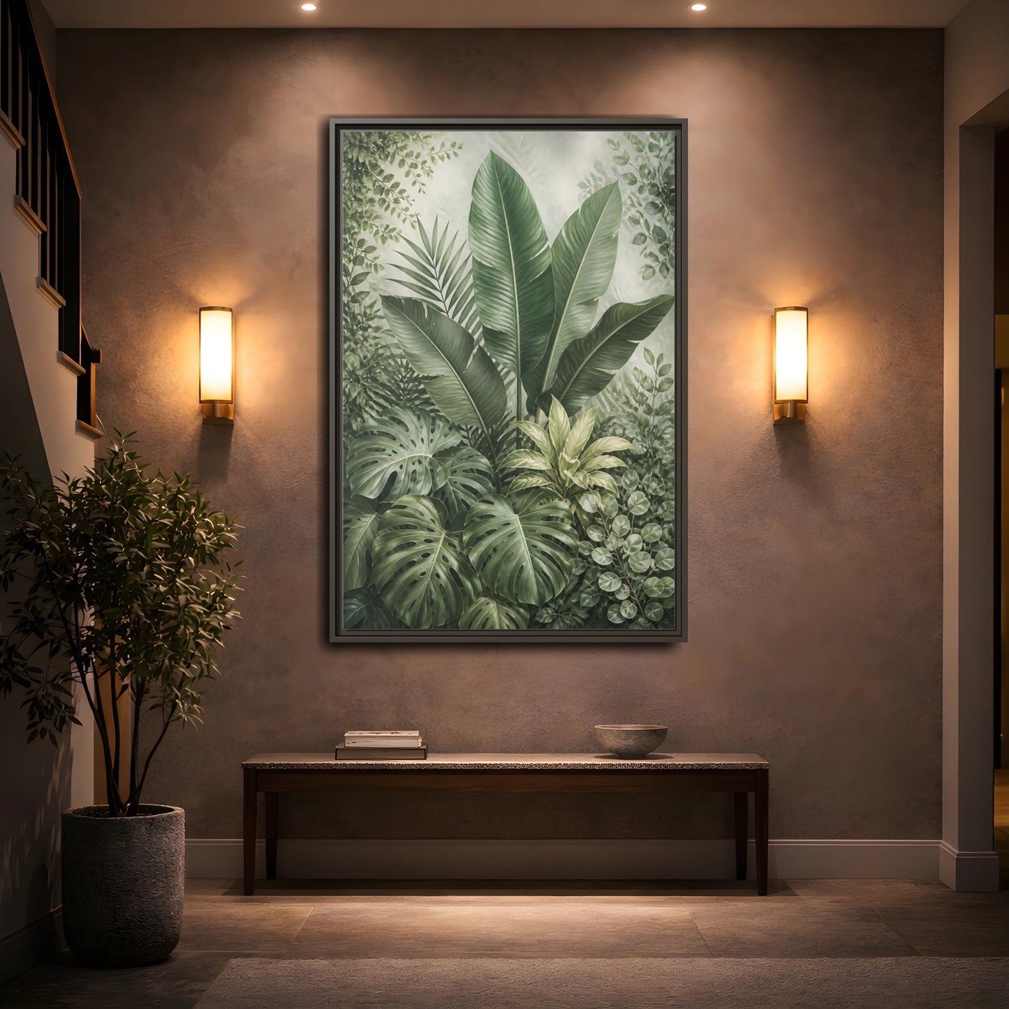 Nature Tropical Foliage Green Plants Framed Canvas Wall Art - Living Room Decor, Above Fireplace shown as canvas wall art