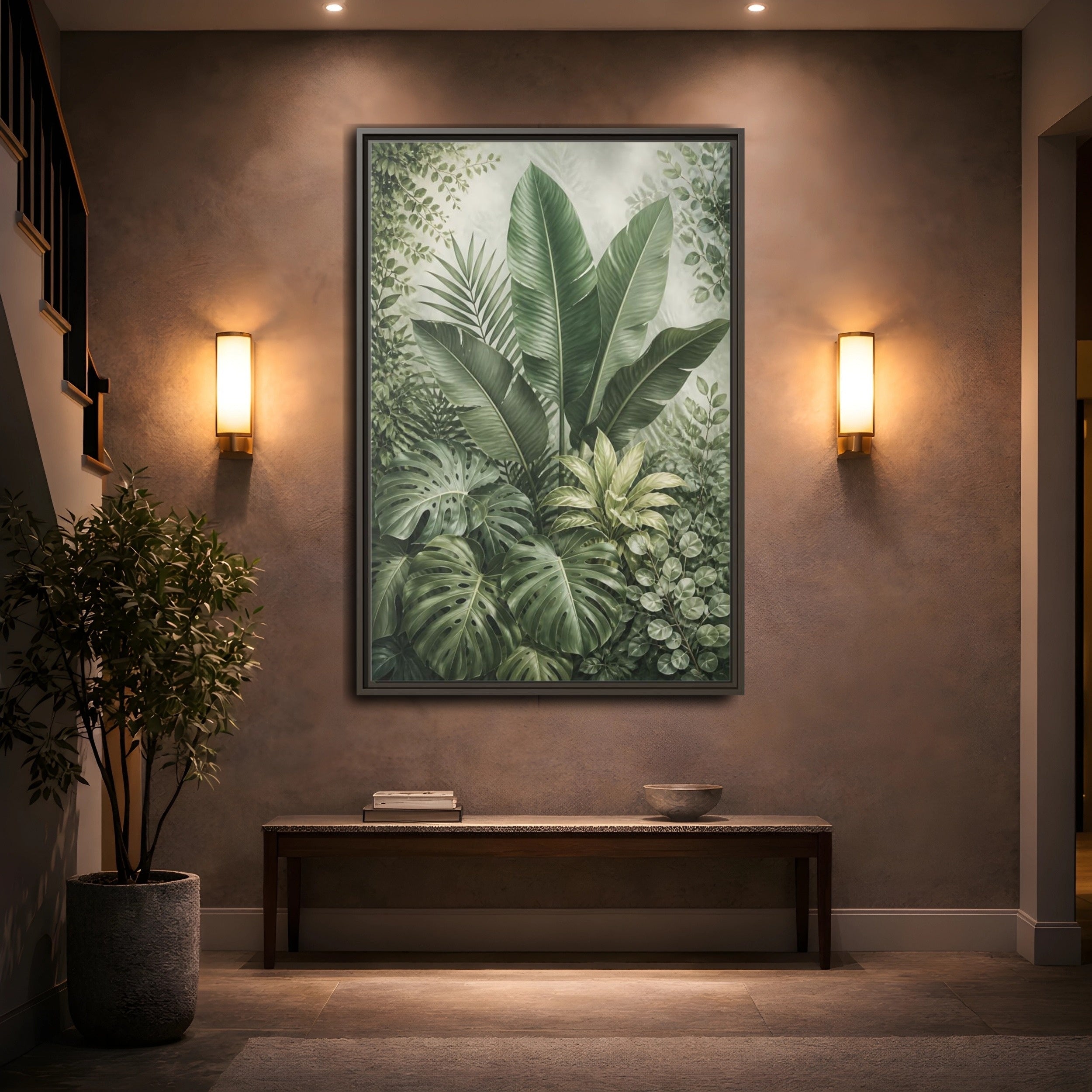 Mockup 2. Nature Tropical Foliage Green Tropical Plants shown as stretched canvas wall art