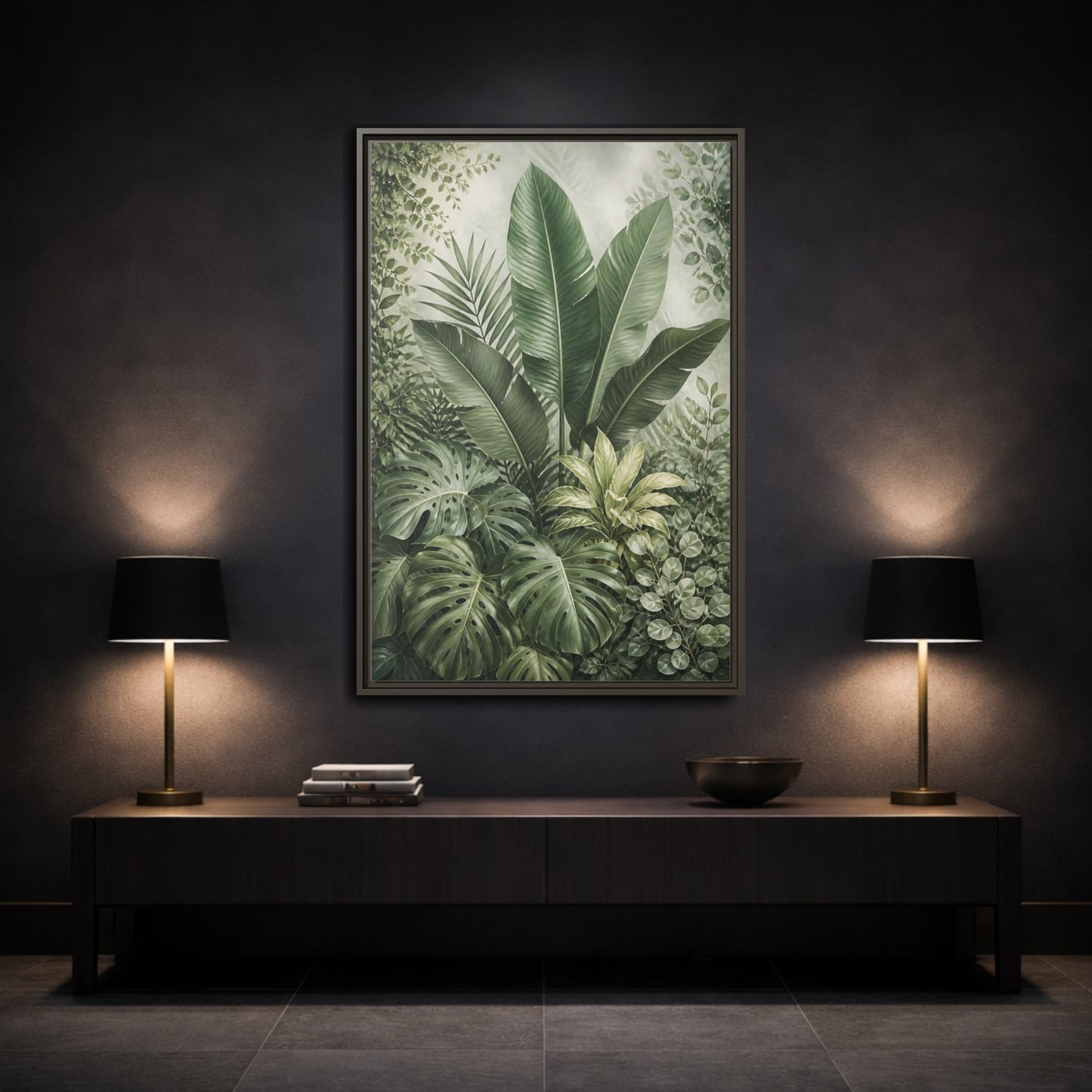 Nature Tropical Foliage Green Plants Framed Canvas Wall Art - Living Room Decor, Above Fireplace shown as canvas wall art