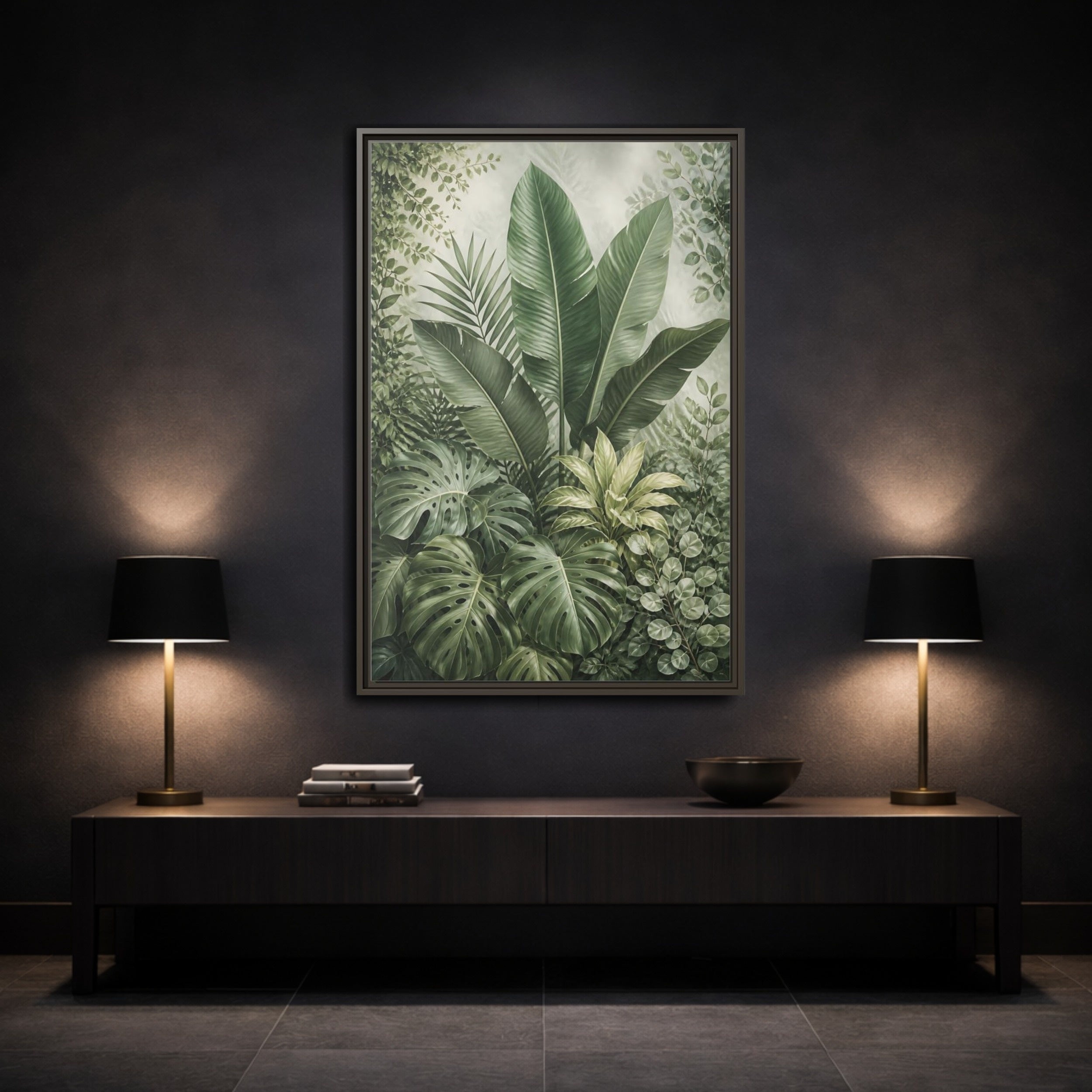 Mockup 3. Nature Tropical Foliage Green Tropical Plants shown as stretched canvas wall art