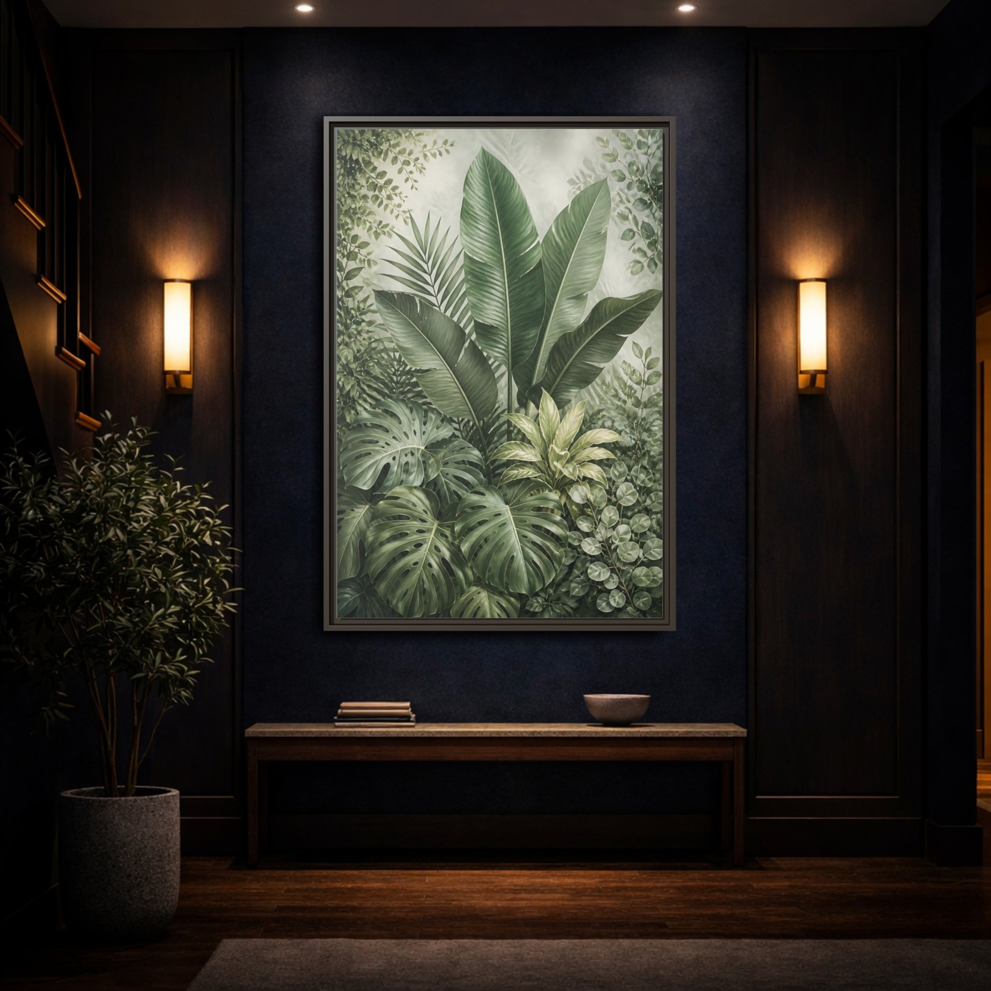 Nature Tropical Foliage Green Plants Framed Canvas Wall Art - Living Room Decor, Above Fireplace shown as canvas wall art