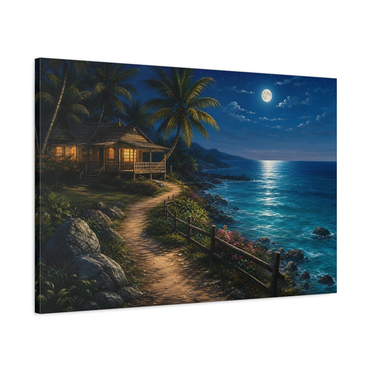 Main Mockup. Nature Tropical House Moonlit Beach shown as stretched canvas wall art