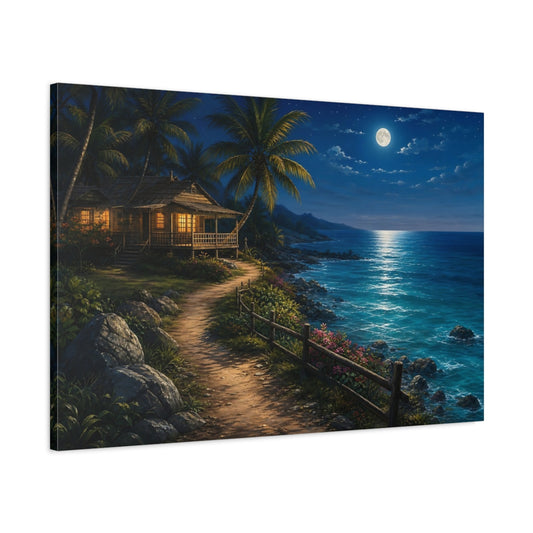 Main Mockup. Nature Tropical House Moonlit Beach shown as stretched canvas wall art