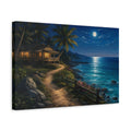 Side Mockup 4. Nature Tropical House Moonlit Beach shown as stretched canvas wall art