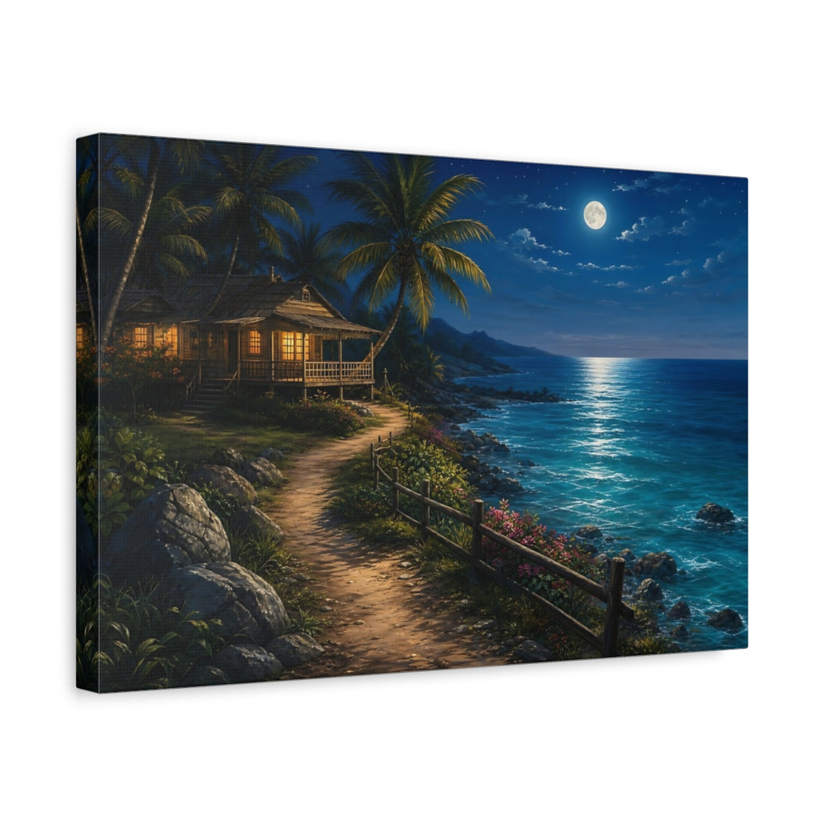 Side Mockup 4. Nature Tropical House Moonlit Beach shown as stretched canvas wall art