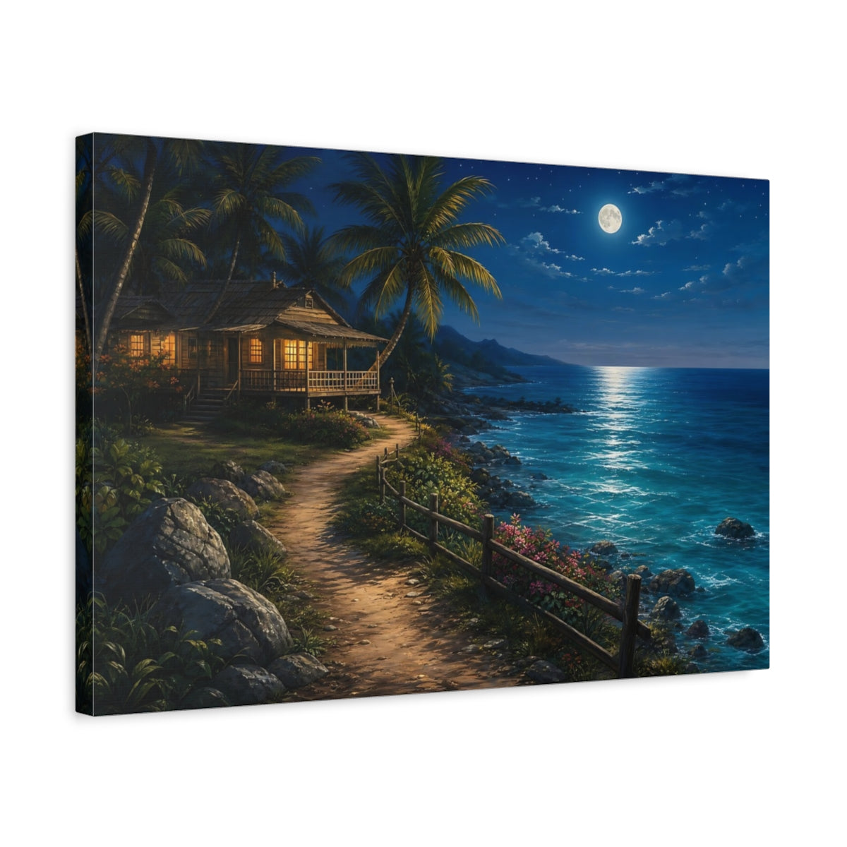 Side Mockup 3. Nature Tropical House Moonlit Beach shown as stretched canvas wall art