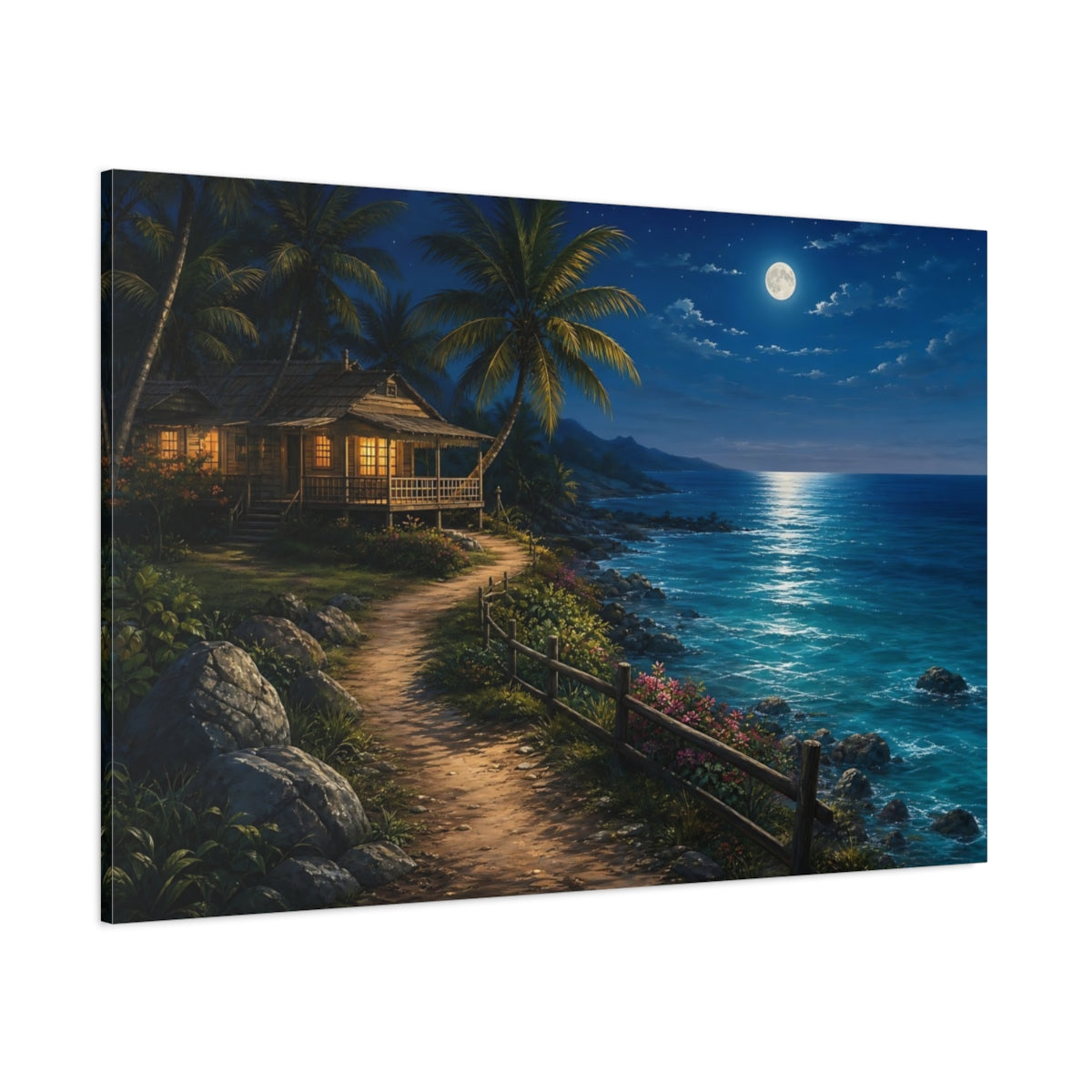 Side Mockup 1. Nature Tropical House Moonlit Beach shown as stretched canvas wall art