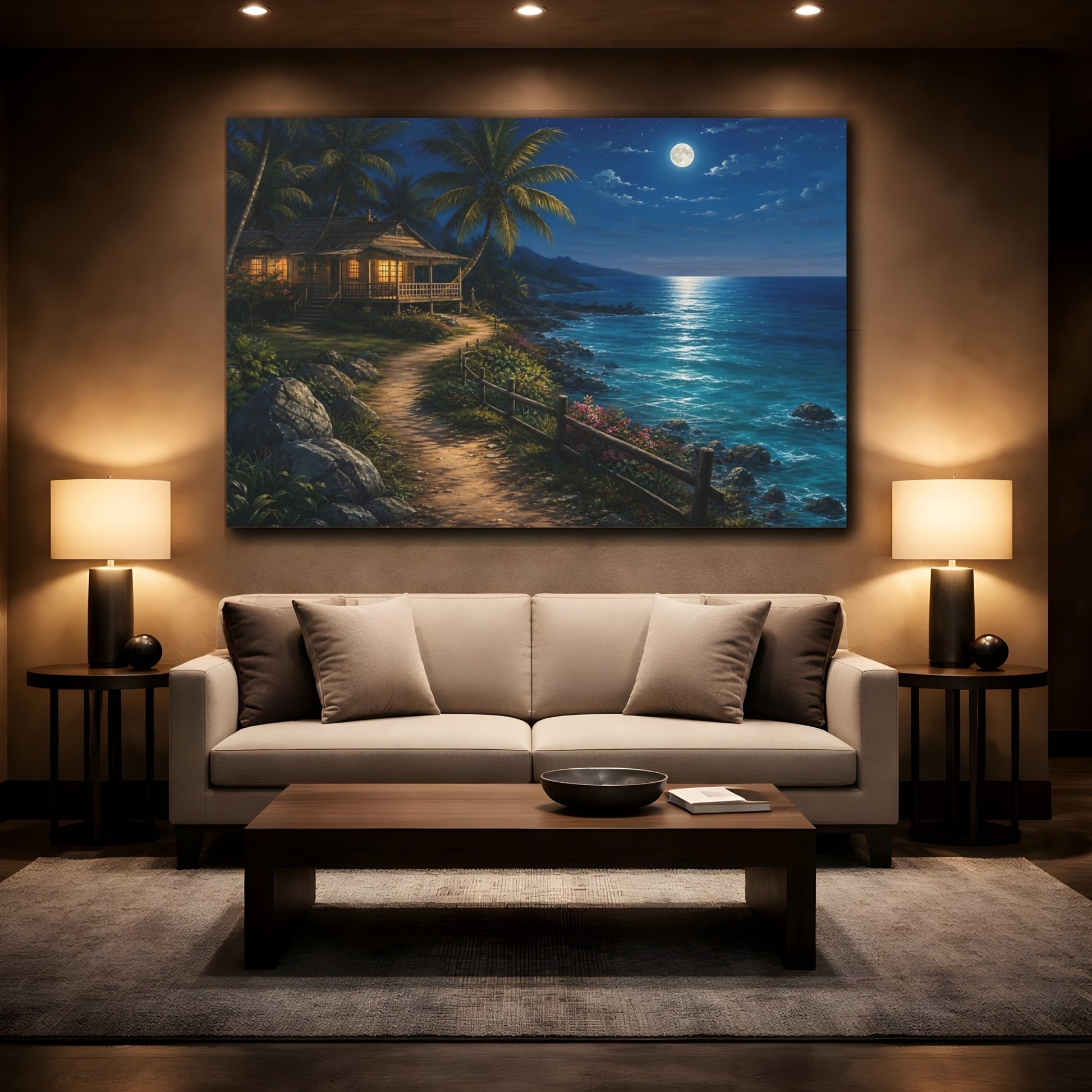 Mockup 2. Nature Tropical House Moonlit Beach shown as stretched canvas wall art