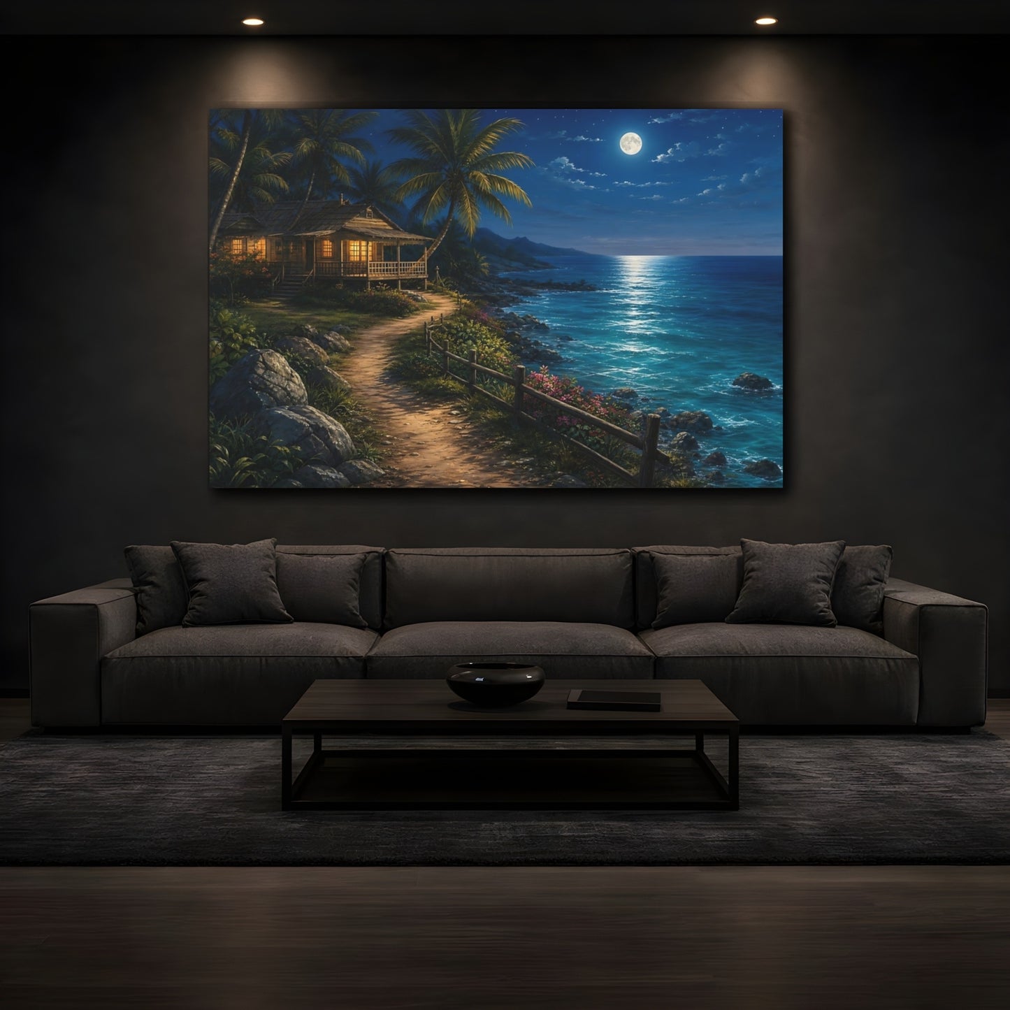 Mockup 3. Nature Tropical House Moonlit Beach shown as stretched canvas wall art