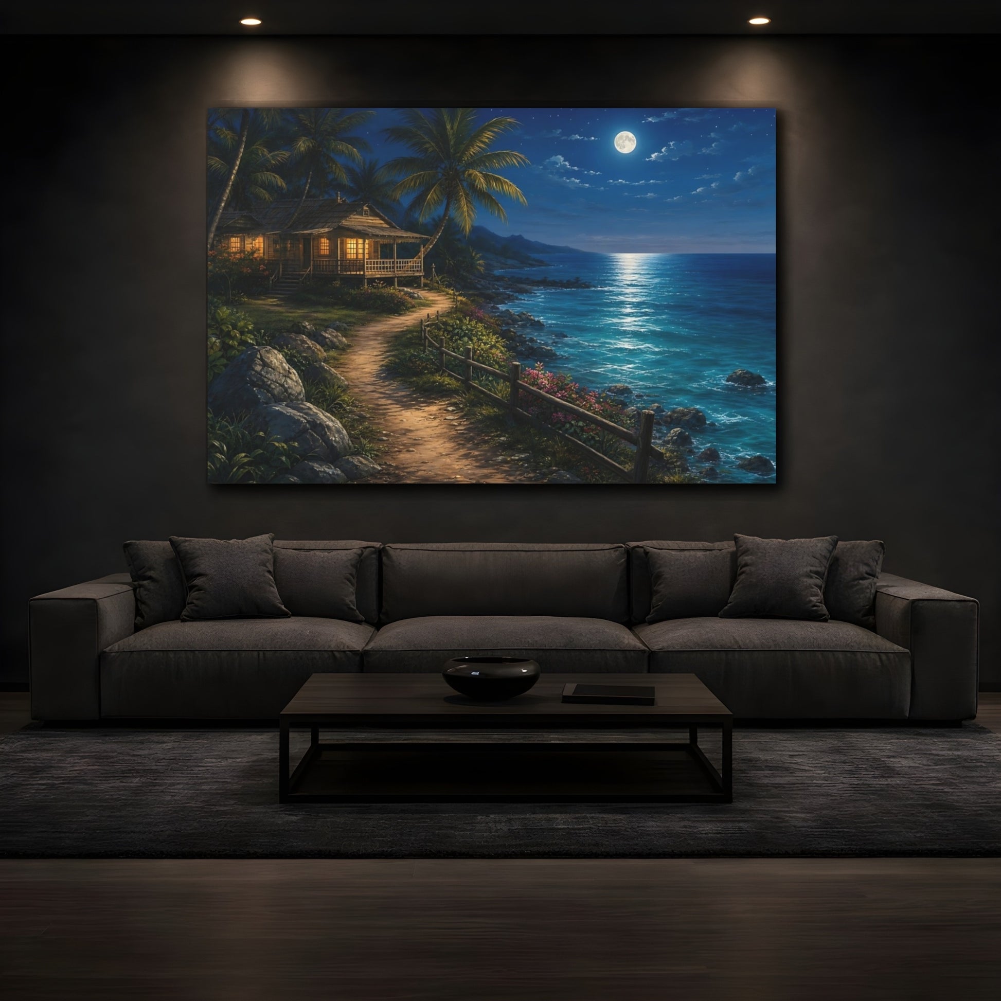 Mockup 3. Nature Tropical House Moonlit Beach shown as stretched canvas wall art