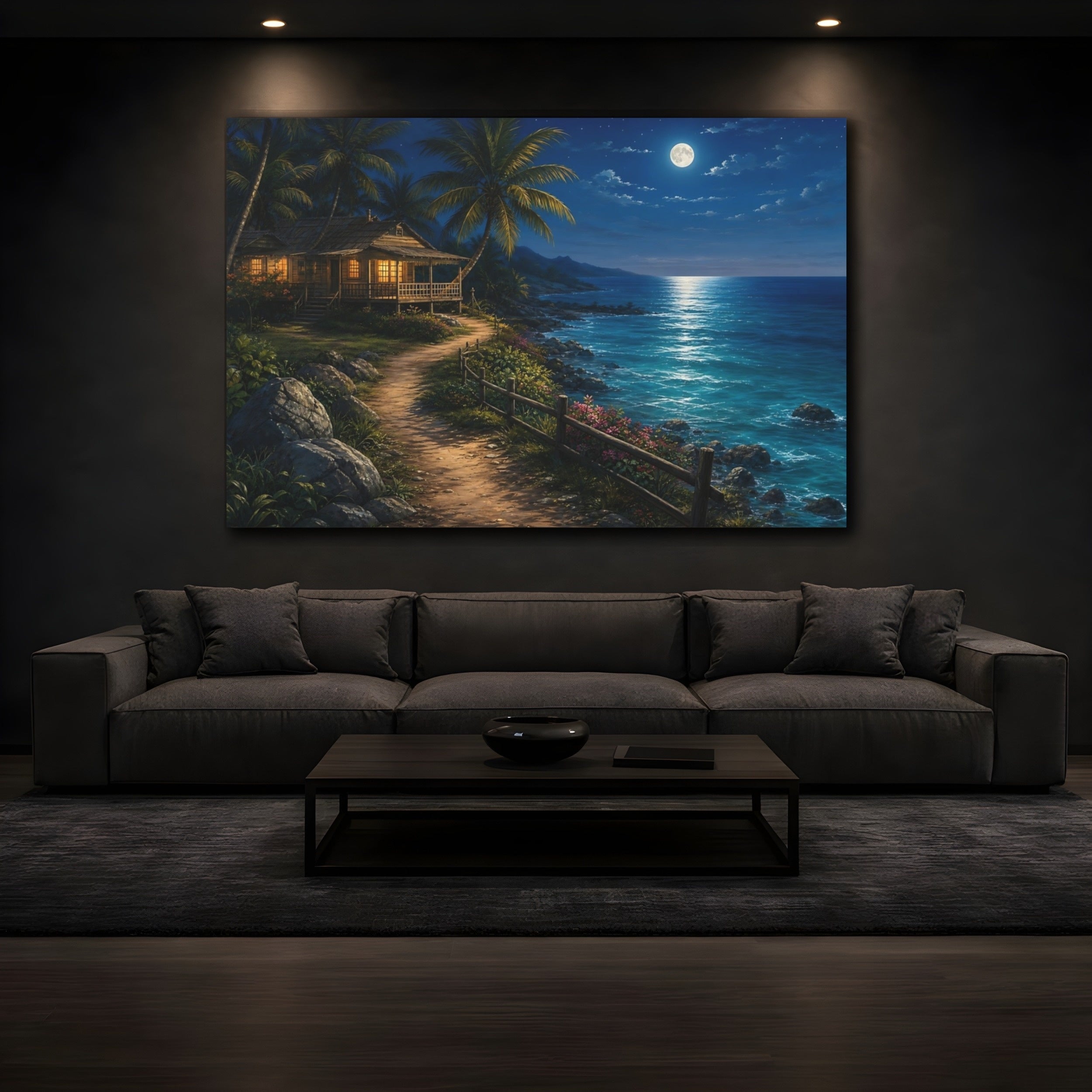 Mockup 3. Nature Tropical House Moonlit Beach shown as stretched canvas wall art