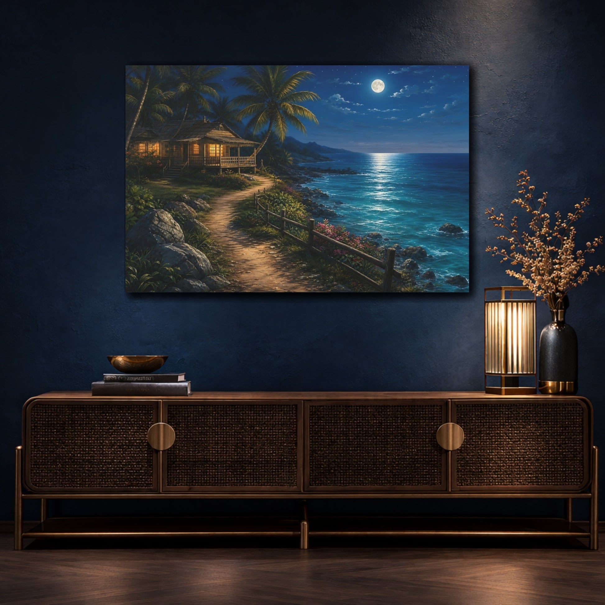 Mockup 4. Nature Tropical House Moonlit Beach shown as stretched canvas wall art