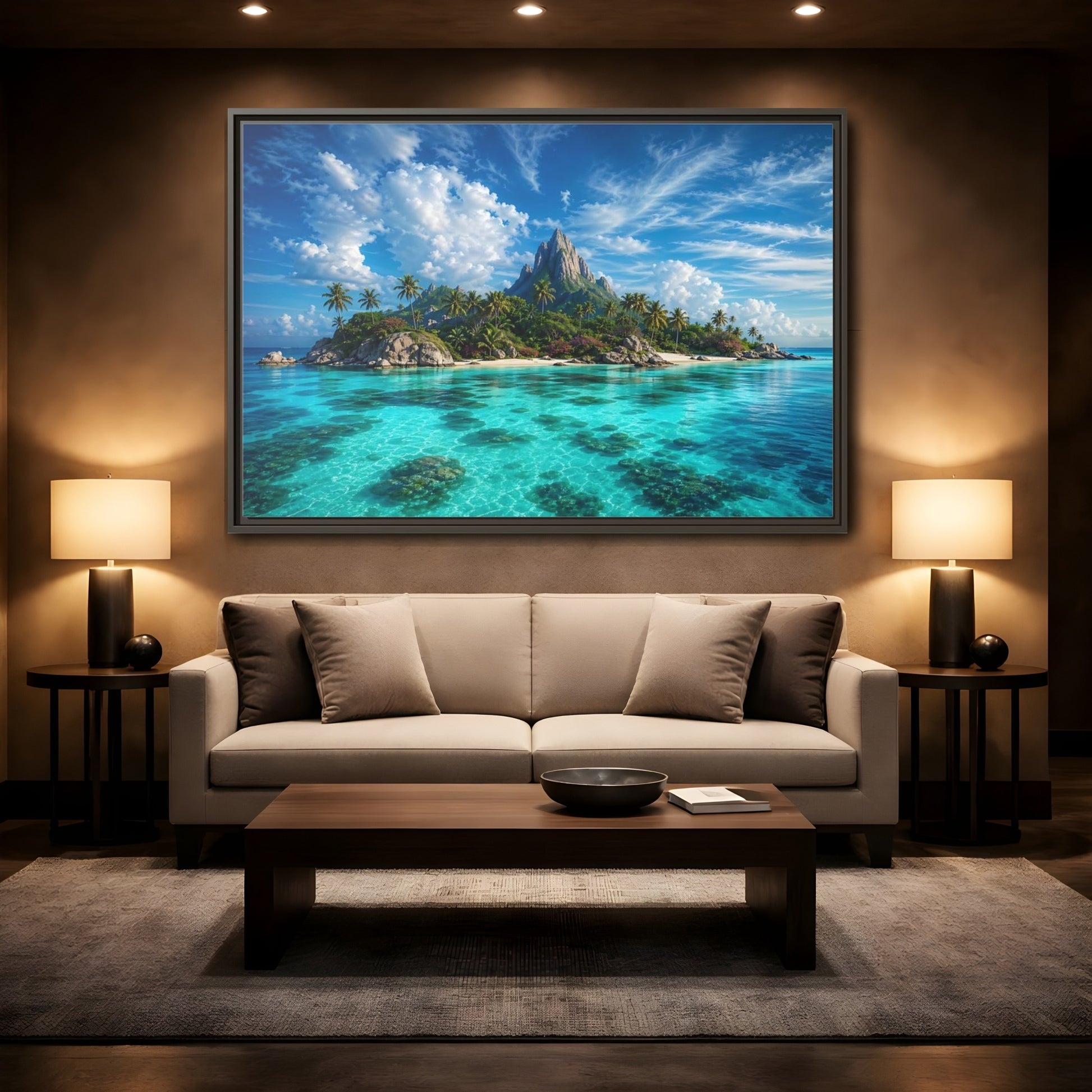 Mockup 2. Nature Tropical Island Tropical Island Turquoise shown as stretched canvas wall art