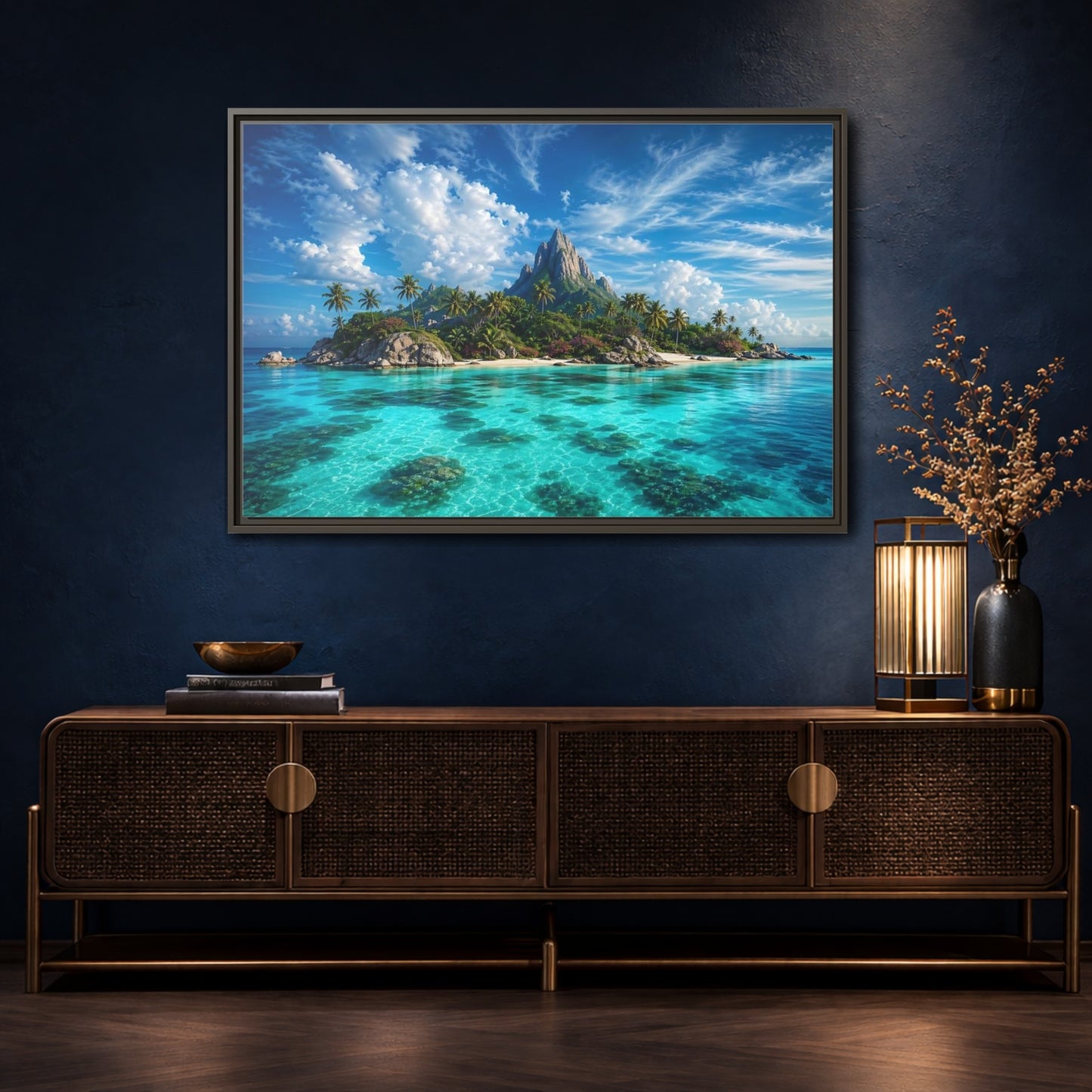 Mockup 4. Nature Tropical Island Tropical Island Turquoise shown as stretched canvas wall art