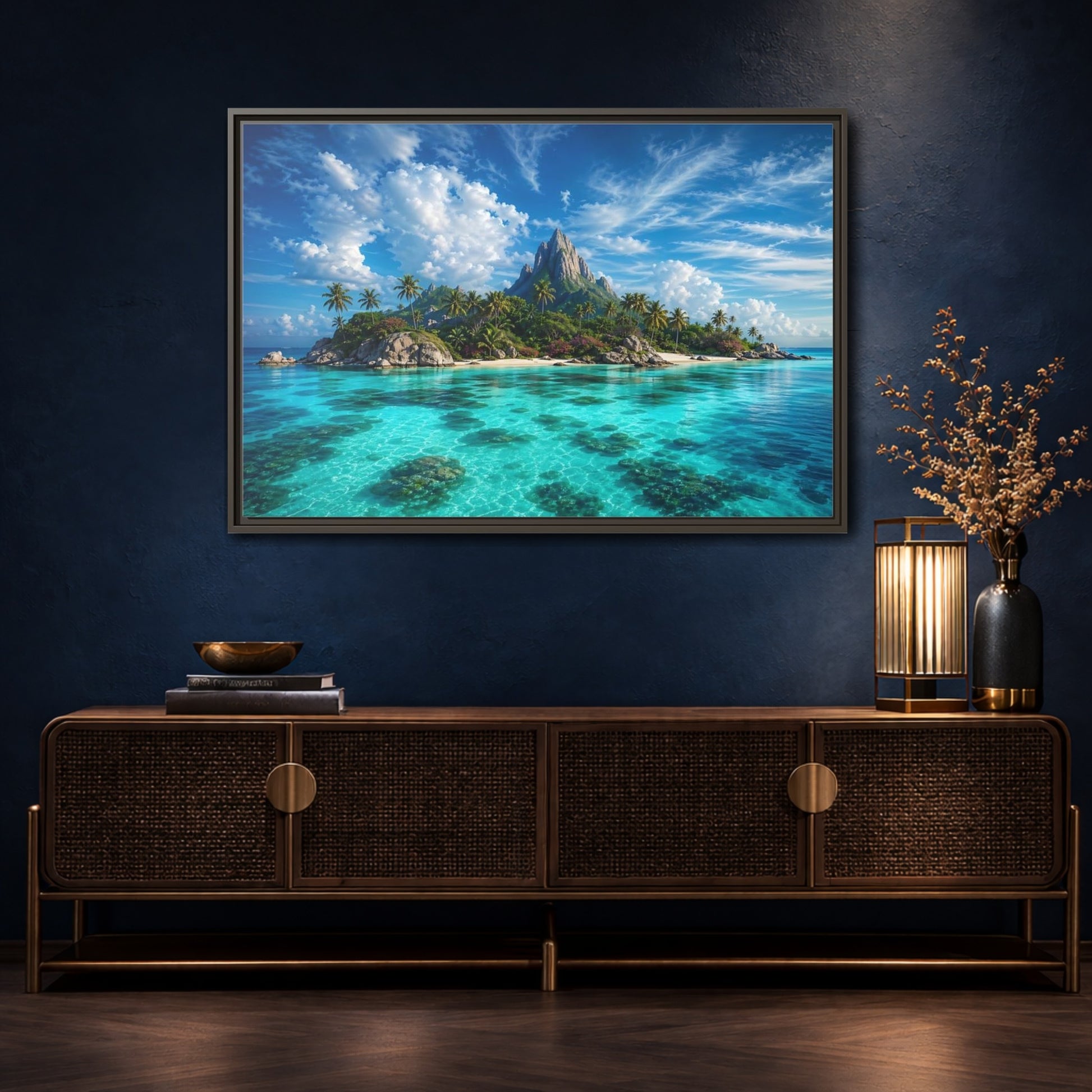 Mockup 4. Nature Tropical Island Tropical Island Turquoise shown as stretched canvas wall art