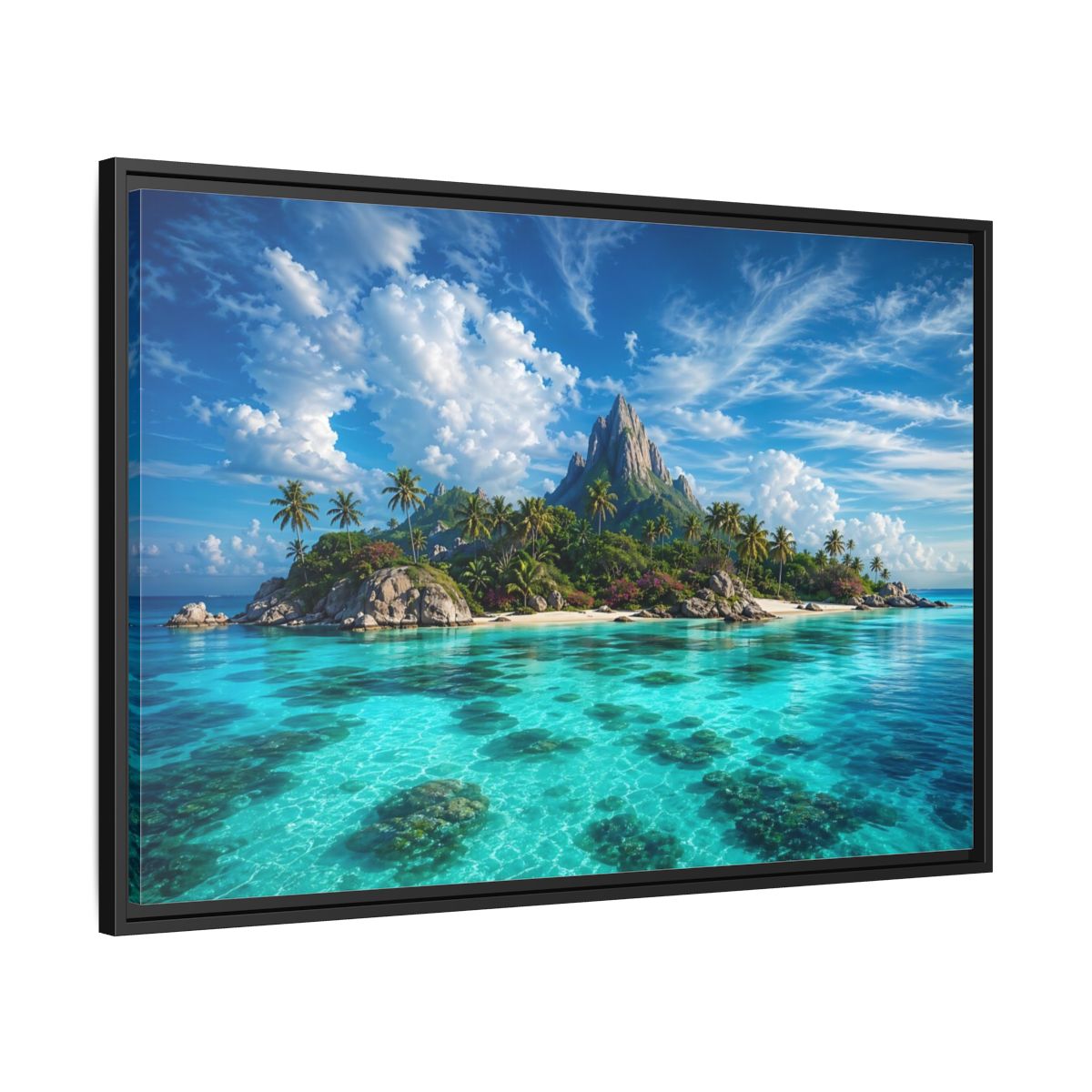 Side Mockup 13. Nature Tropical Island Tropical Island Turquoise shown as stretched canvas wall art