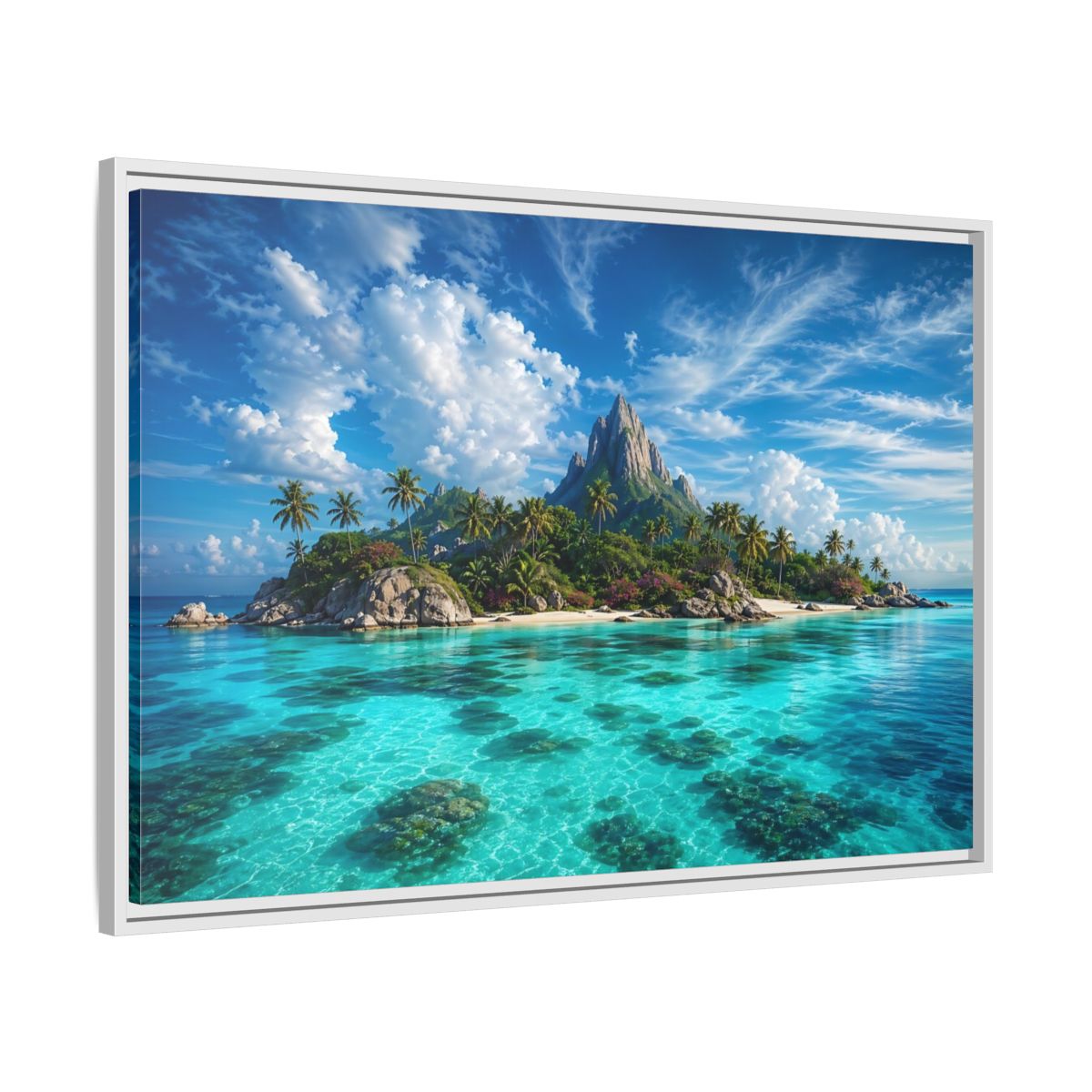 Side Mockup 9. Nature Tropical Island Tropical Island Turquoise shown as stretched canvas wall art