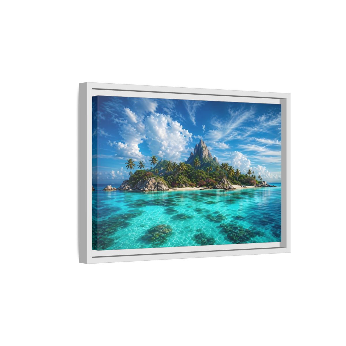 Side Mockup 4. Nature Tropical Island Tropical Island Turquoise shown as stretched canvas wall art