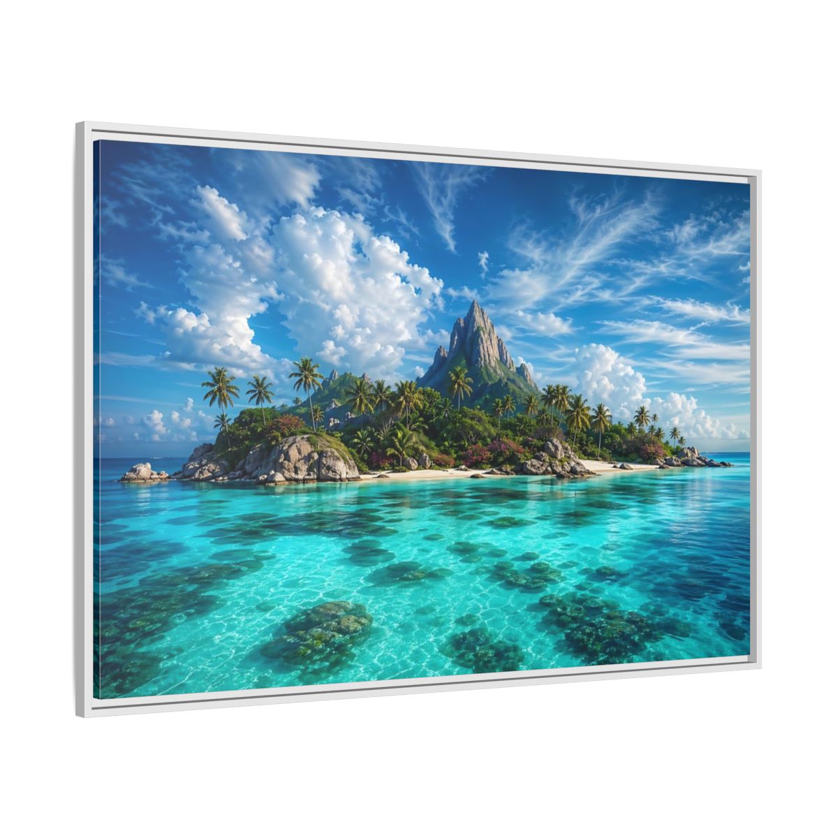 Side Mockup 7. Nature Tropical Island Tropical Island Turquoise shown as stretched canvas wall art