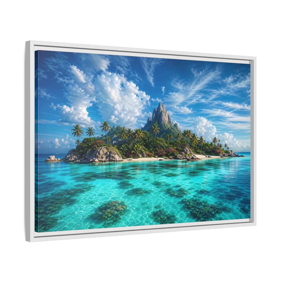 Side Mockup 10. Nature Tropical Island Tropical Island Turquoise shown as stretched canvas wall art