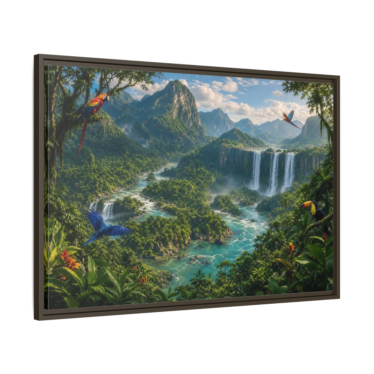 Main Mockup. Nature Tropical Jungle Green Jungle River shown as stretched canvas wall art