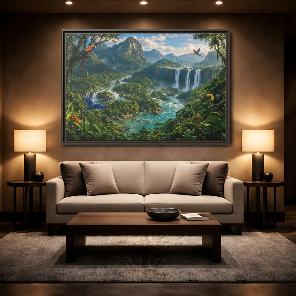 Mockup 2. Nature Tropical Jungle Green Jungle River shown as stretched canvas wall art