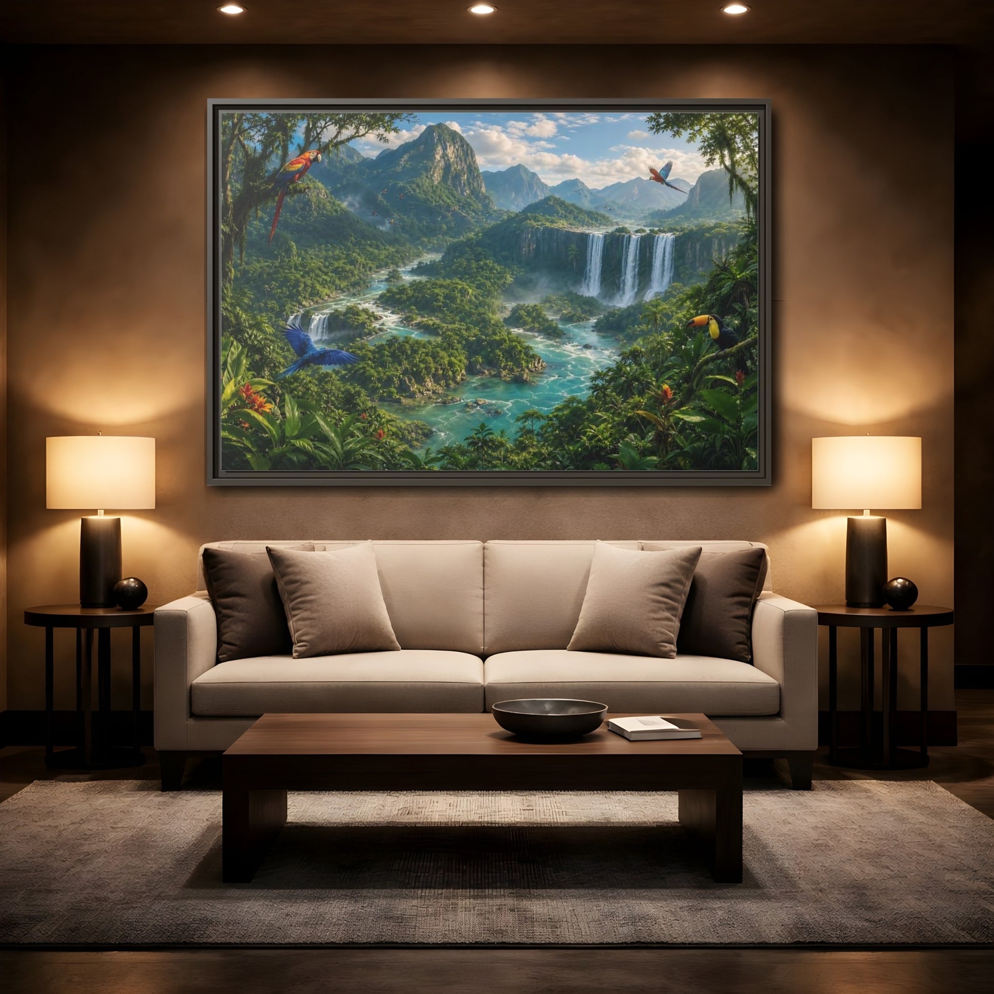 Mockup 2. Nature Tropical Jungle Green Jungle River shown as stretched canvas wall art