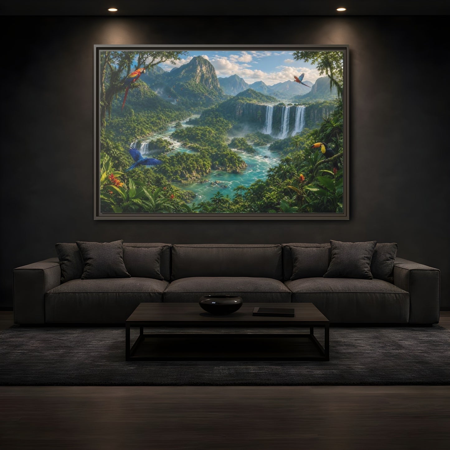 Mockup 3. Nature Tropical Jungle Green Jungle River shown as stretched canvas wall art