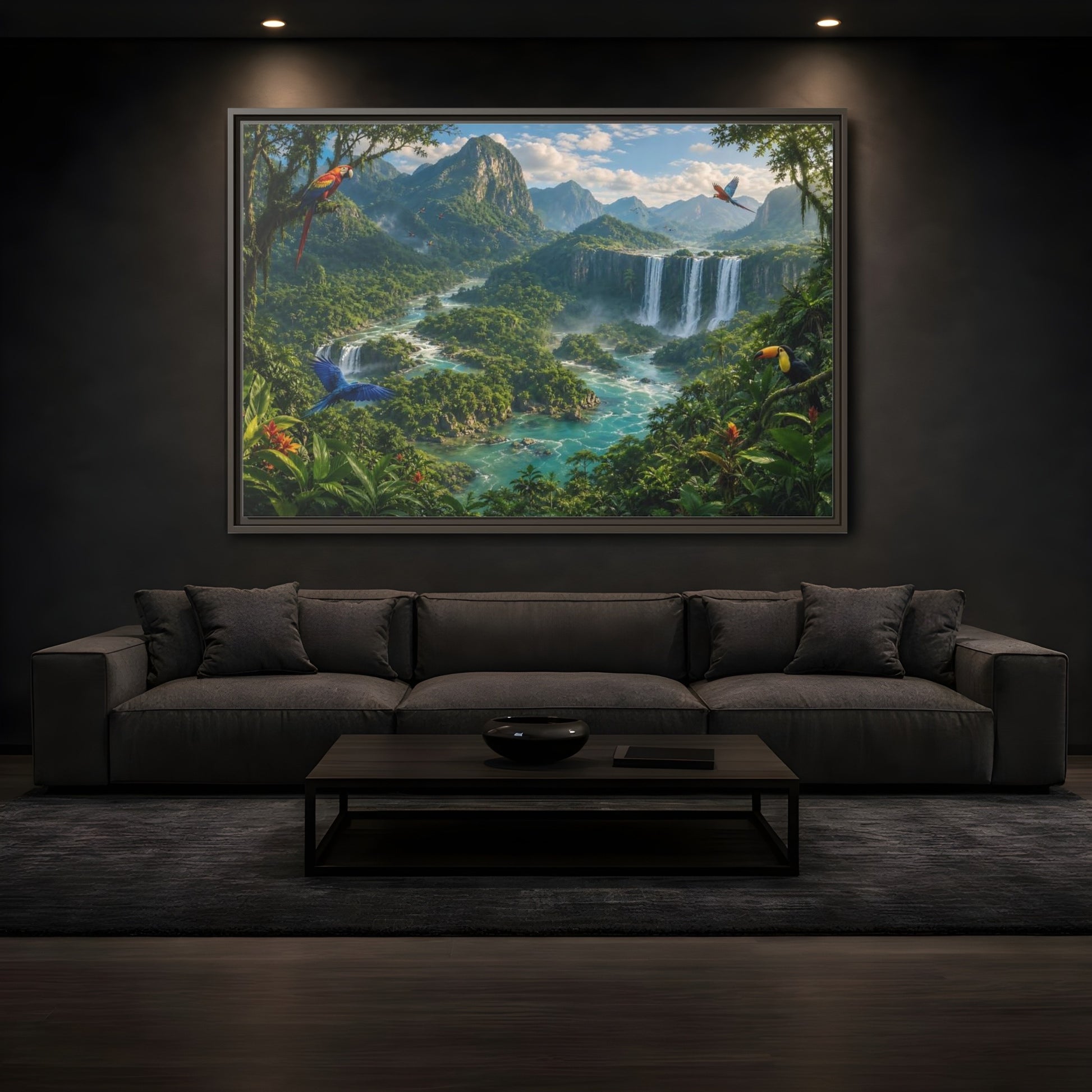Mockup 3. Nature Tropical Jungle Green Jungle River shown as stretched canvas wall art
