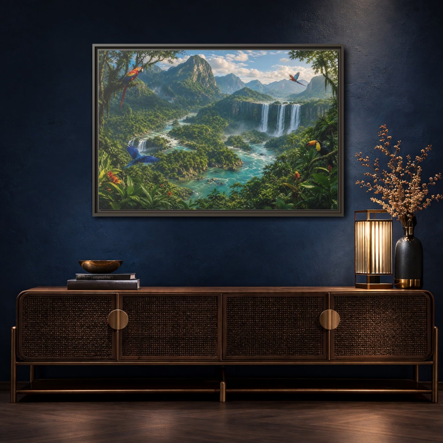 Mockup 4. Nature Tropical Jungle Green Jungle River shown as stretched canvas wall art