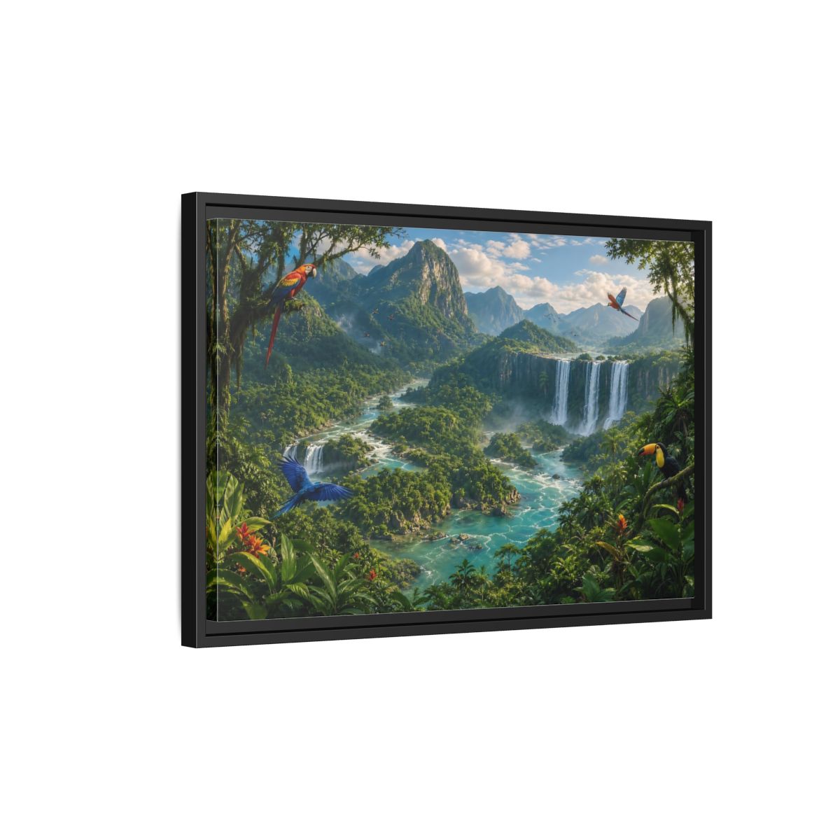 Side Mockup 3. Nature Tropical Jungle Green Jungle River shown as stretched canvas wall art