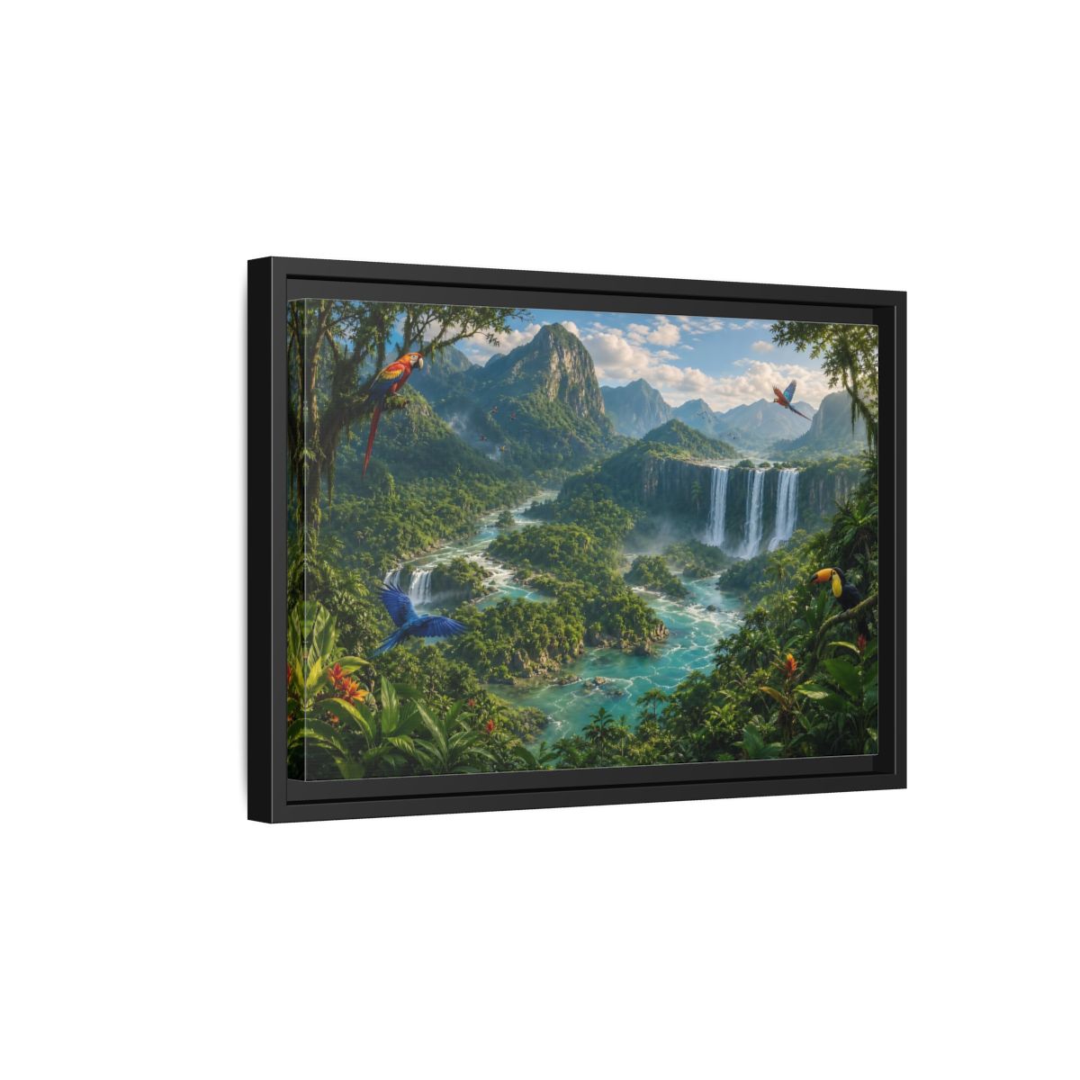Side Mockup 6. Nature Tropical Jungle Green Jungle River shown as stretched canvas wall art