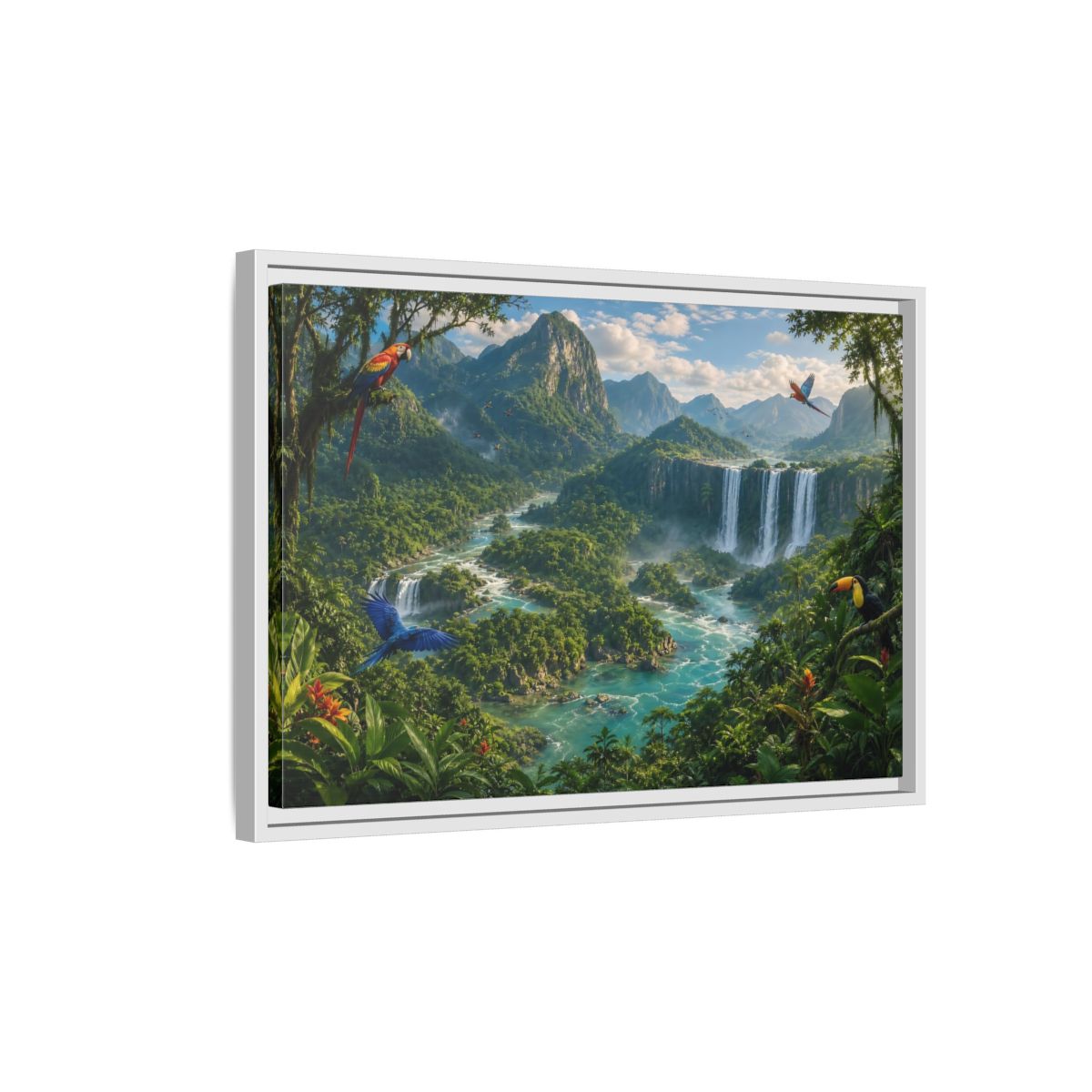 Side Mockup 1. Nature Tropical Jungle Green Jungle River shown as stretched canvas wall art