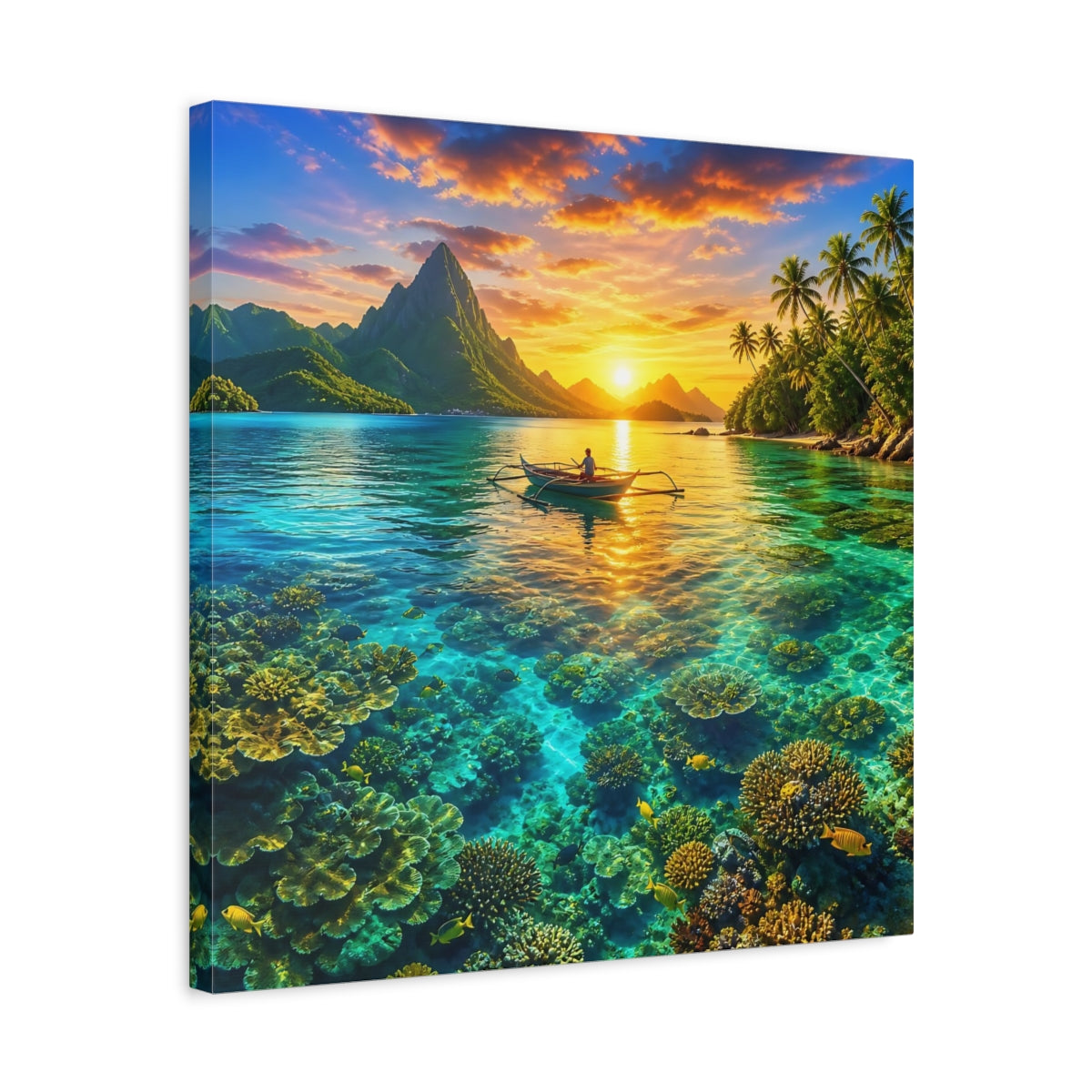 Side Mockup 5. Nature Tropical Lagoon Tropical Sunset Lagoon shown as stretched canvas wall art