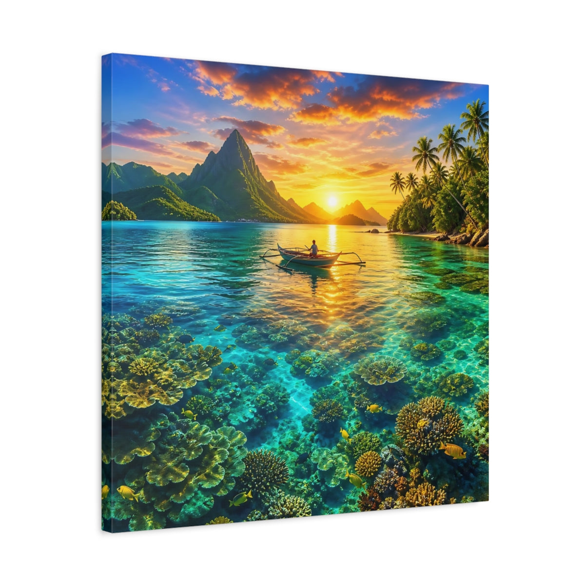 Side Mockup 4. Nature Tropical Lagoon Tropical Sunset Lagoon shown as stretched canvas wall art