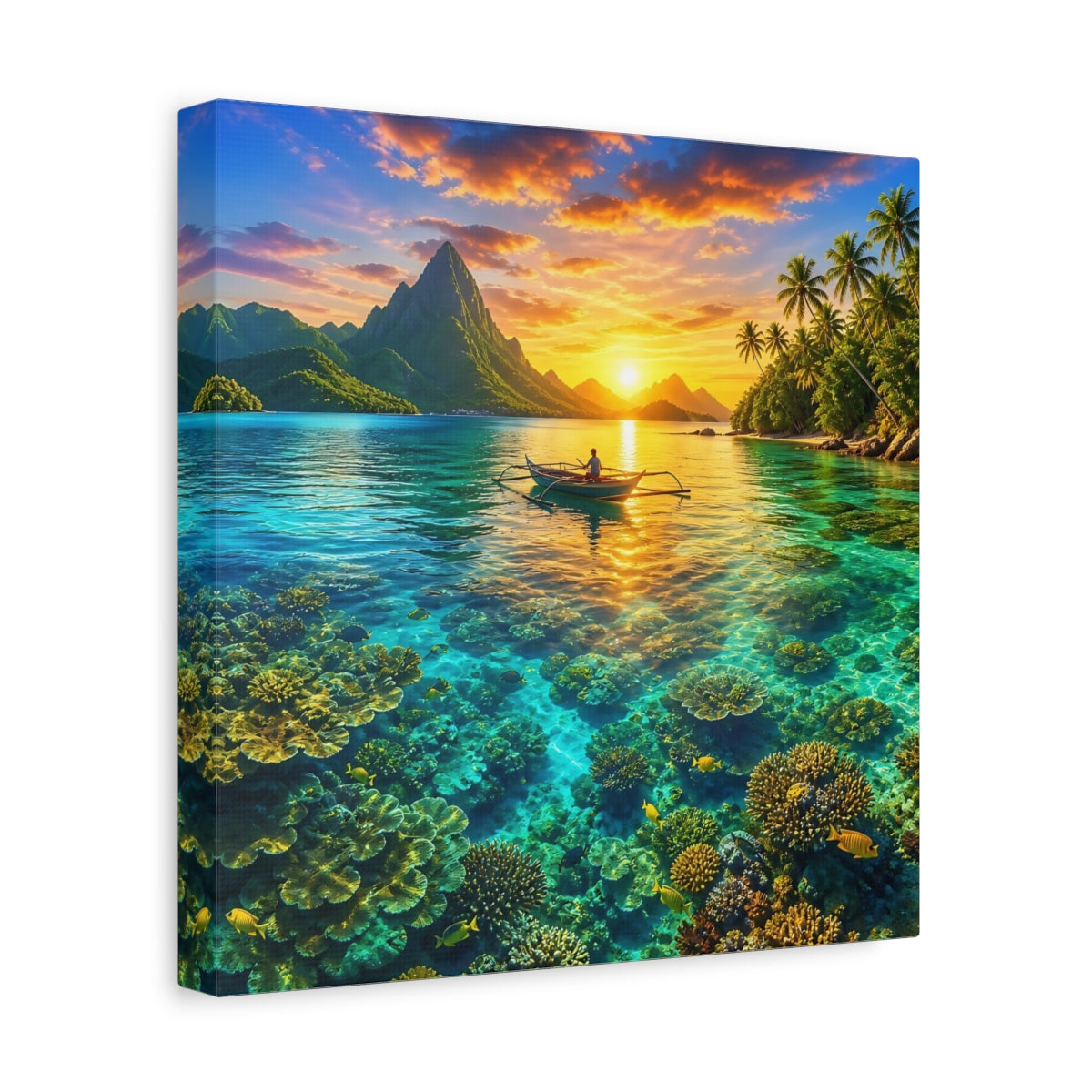 Side Mockup 8. Nature Tropical Lagoon Tropical Sunset Lagoon shown as stretched canvas wall art