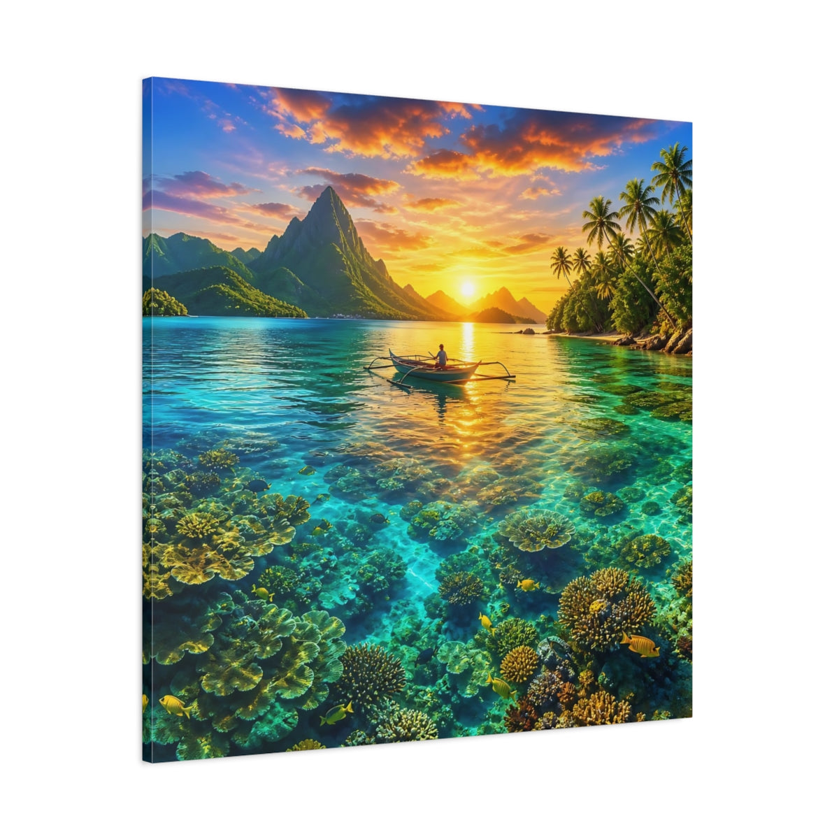Side Mockup 1. Nature Tropical Lagoon Tropical Sunset Lagoon shown as stretched canvas wall art