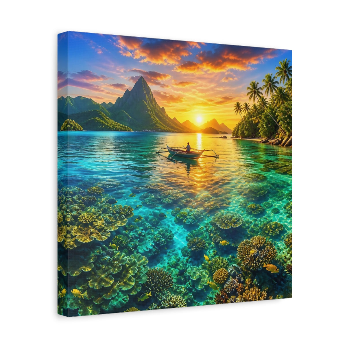 Side Mockup 7. Nature Tropical Lagoon Tropical Sunset Lagoon shown as stretched canvas wall art