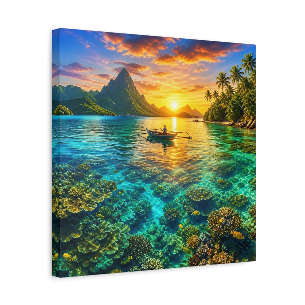 Side Mockup 6. Nature Tropical Lagoon Tropical Sunset Lagoon shown as stretched canvas wall art