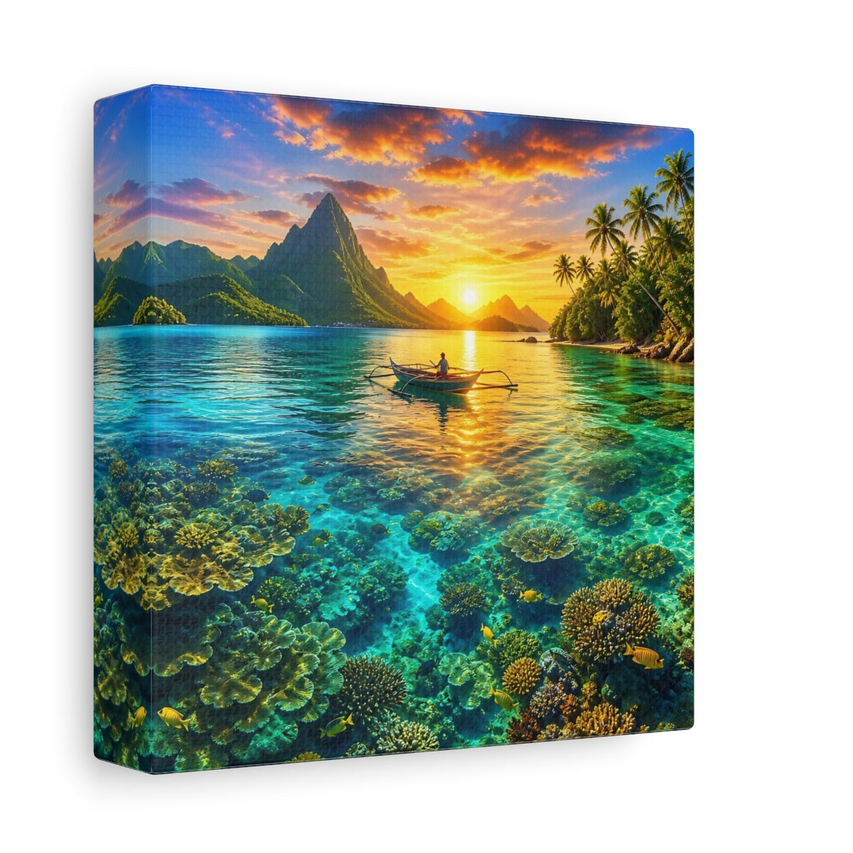 Side Mockup 2. Nature Tropical Lagoon Tropical Sunset Lagoon shown as stretched canvas wall art