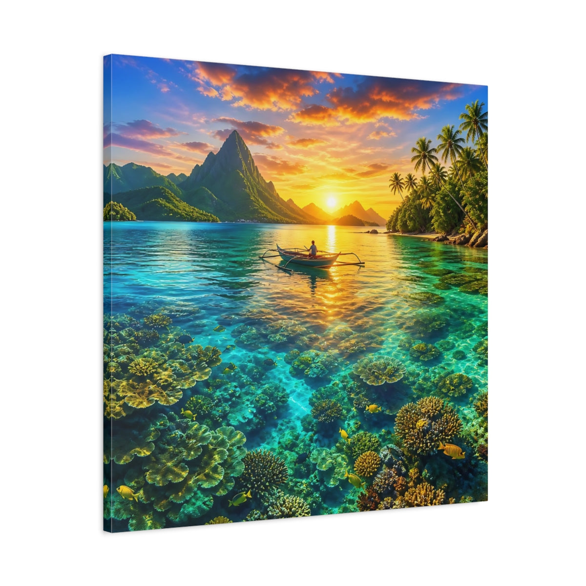 Side Mockup 3. Nature Tropical Lagoon Tropical Sunset Lagoon shown as stretched canvas wall art