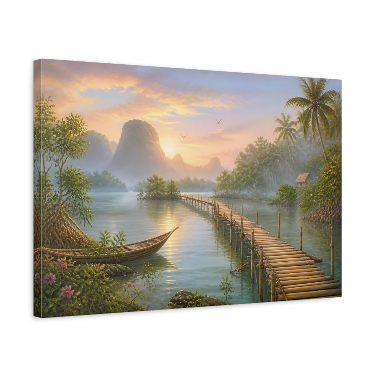 Side Mockup 3. Nature Tropical Lagoon Tropical Sunset shown as stretched canvas wall art